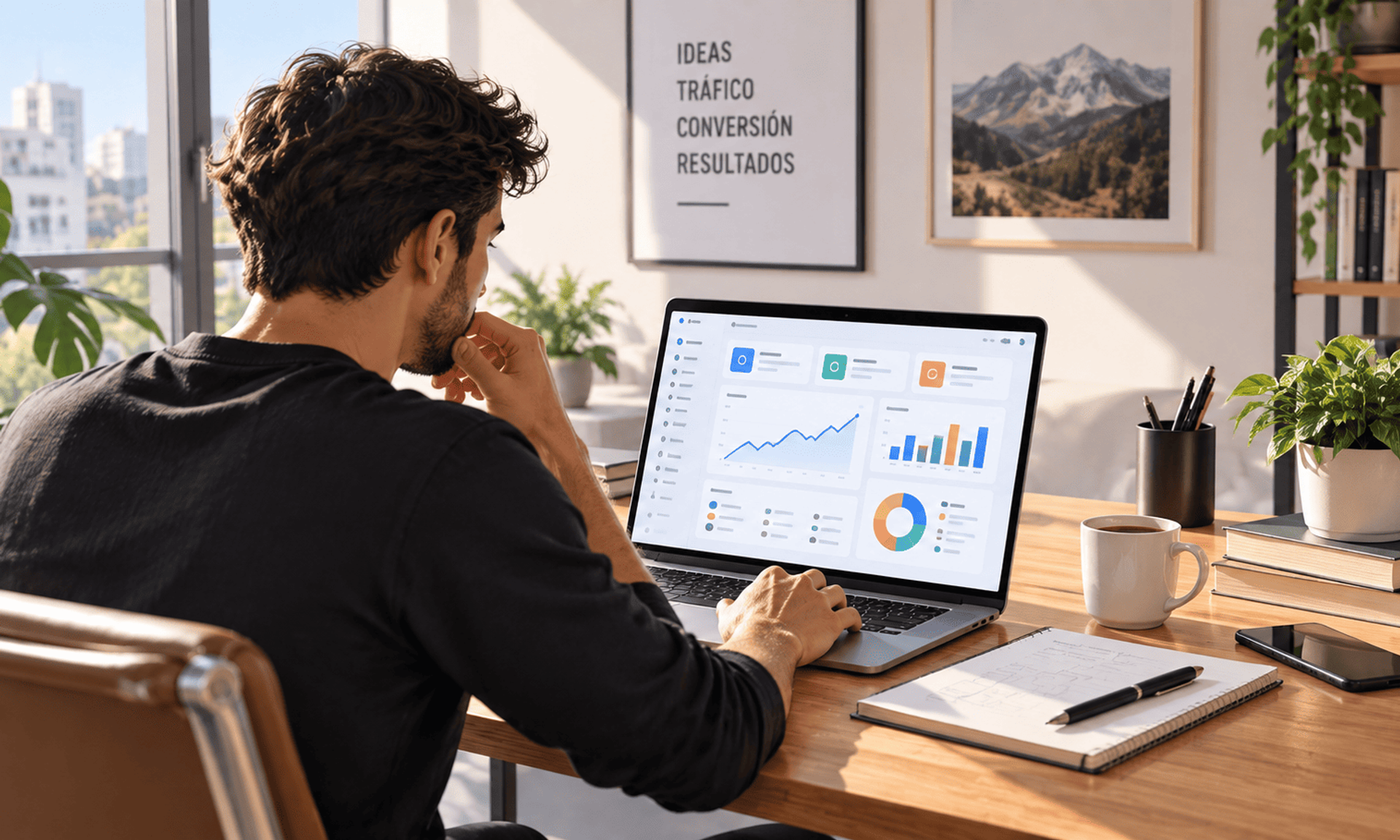 Profesional de marketing digital analizando un dashboard de IA en su oficina en casa.