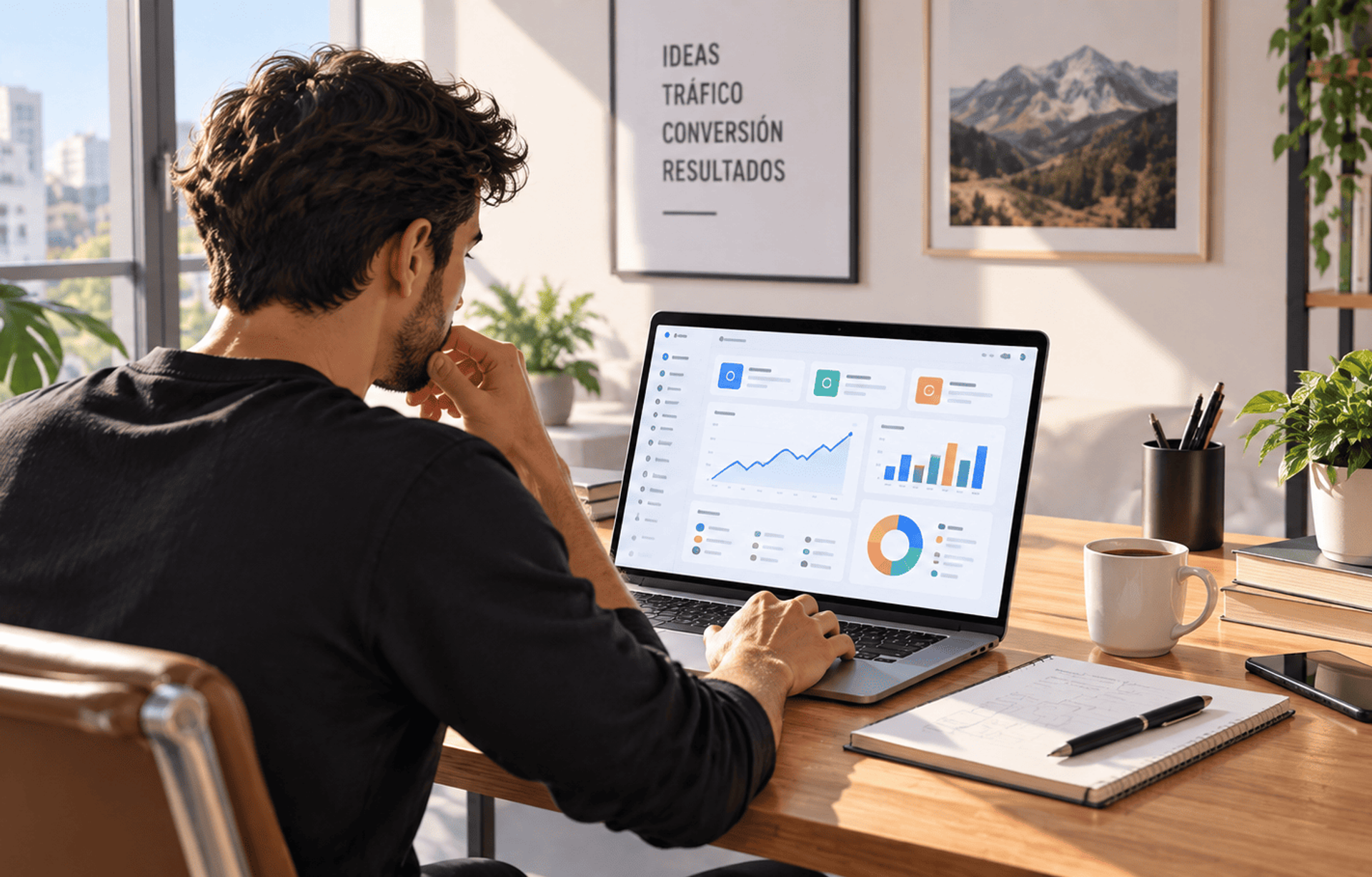 Profesional de marketing digital analizando un dashboard de IA en su oficina en casa.