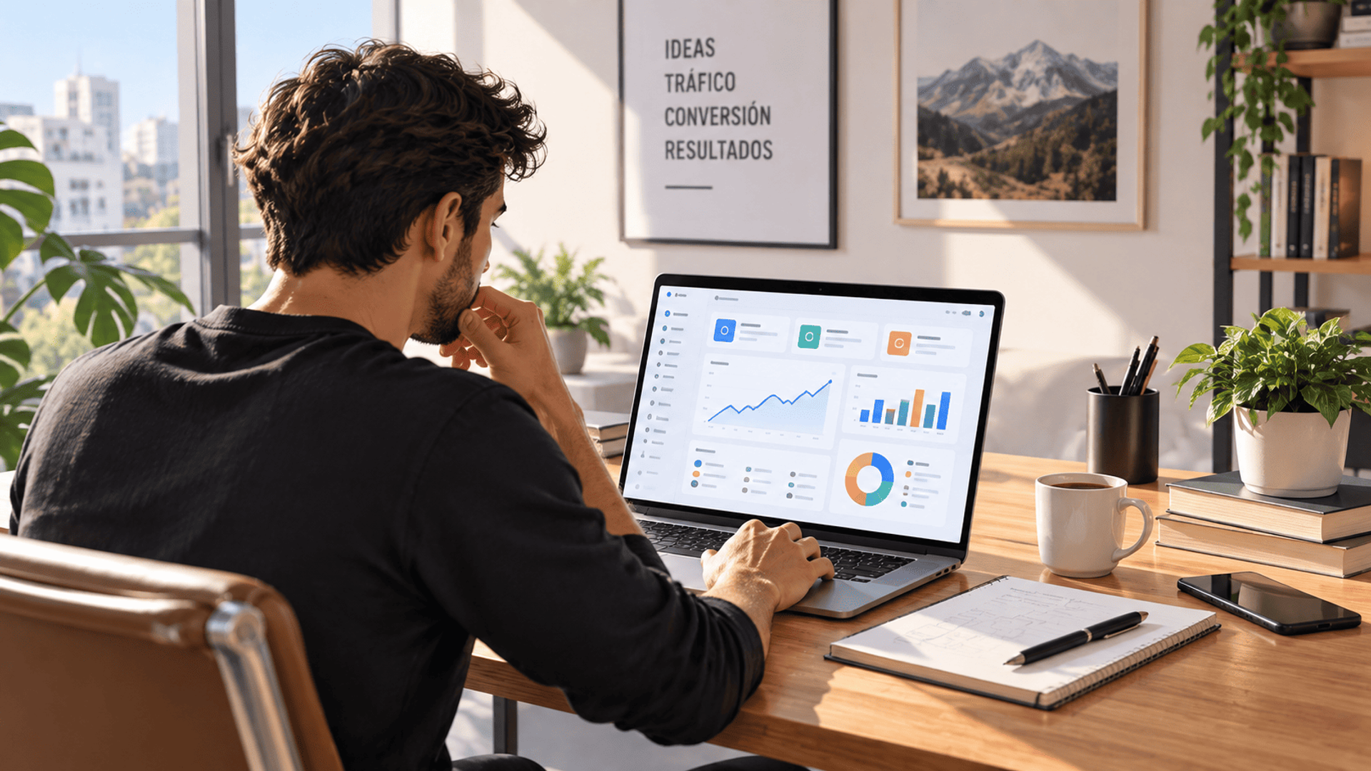 Profesional de marketing digital analizando un dashboard de IA en su oficina en casa.