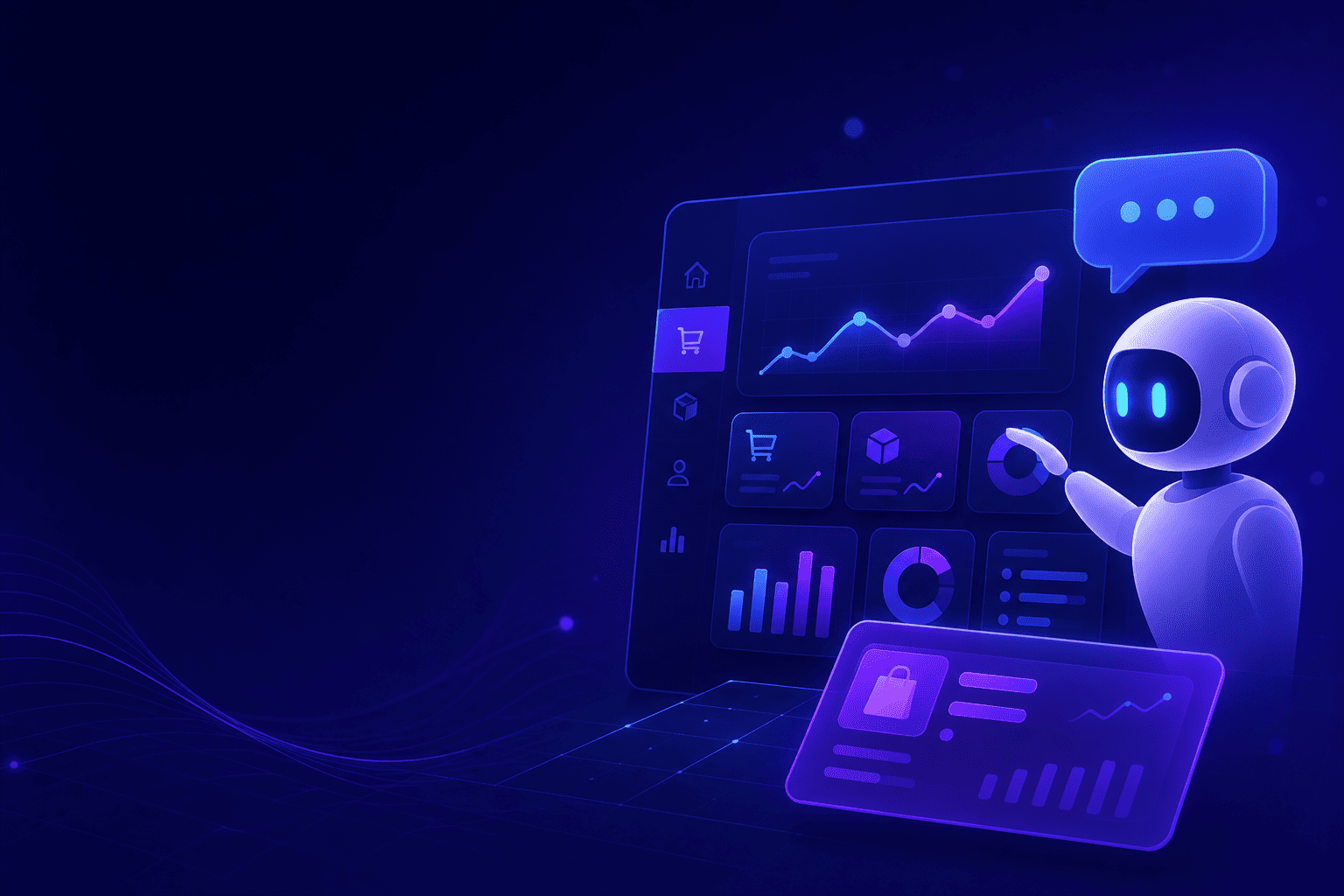 Asistente de IA interactuando con un dashboard de e-commerce con gráficos y paneles de datos abstractos.