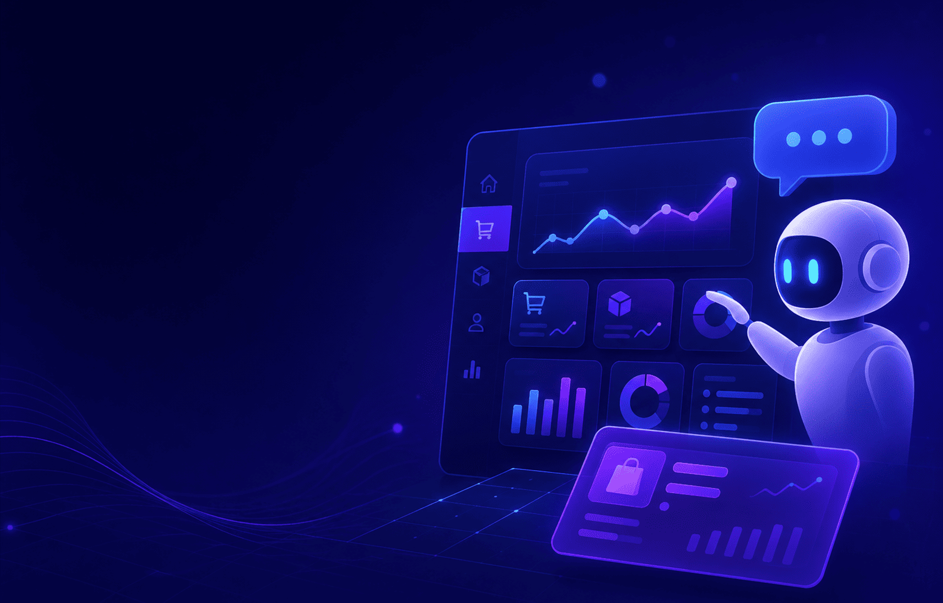 Asistente de IA interactuando con un dashboard de e-commerce con gráficos y paneles de datos abstractos.