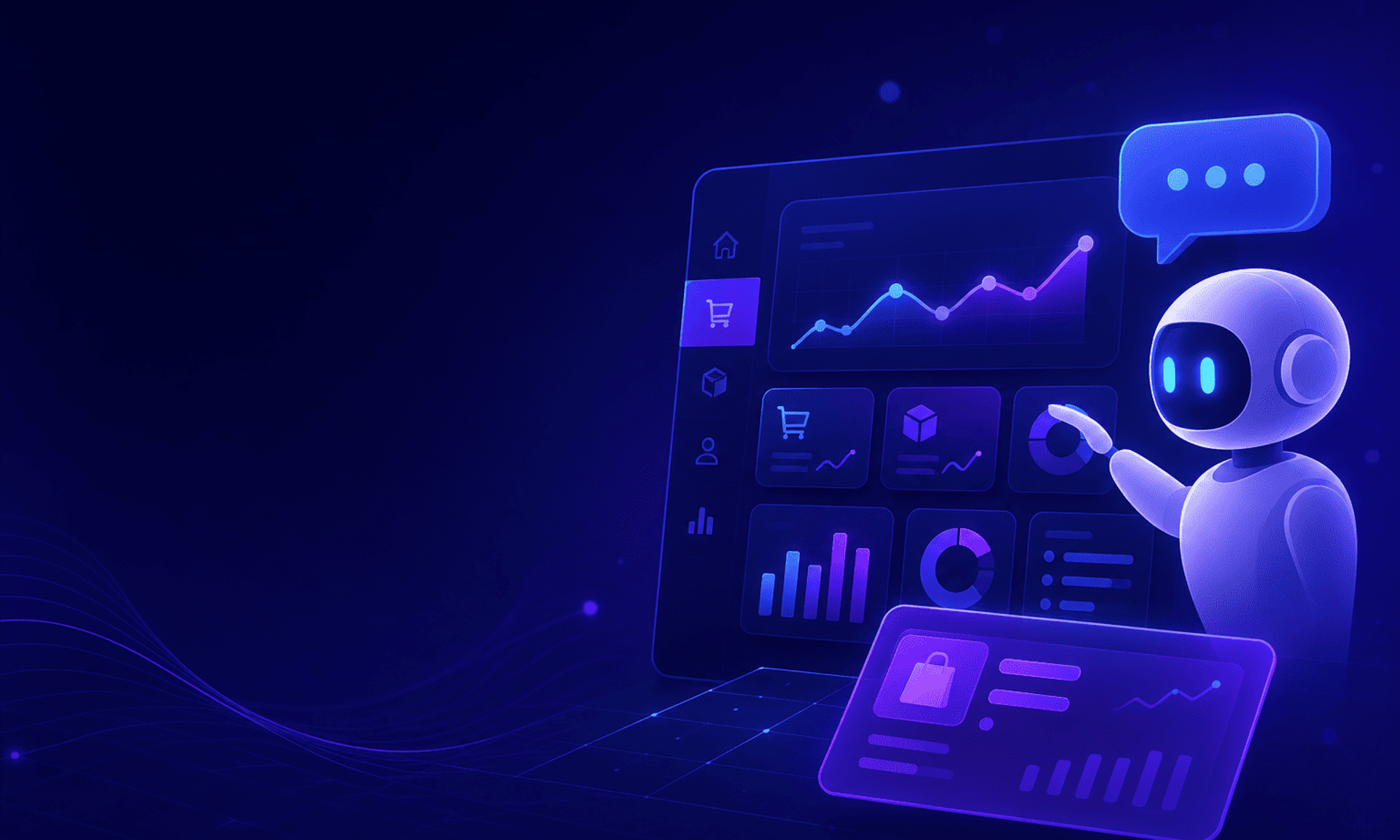 Asistente de IA interactuando con un dashboard de e-commerce con gráficos y paneles de datos abstractos.