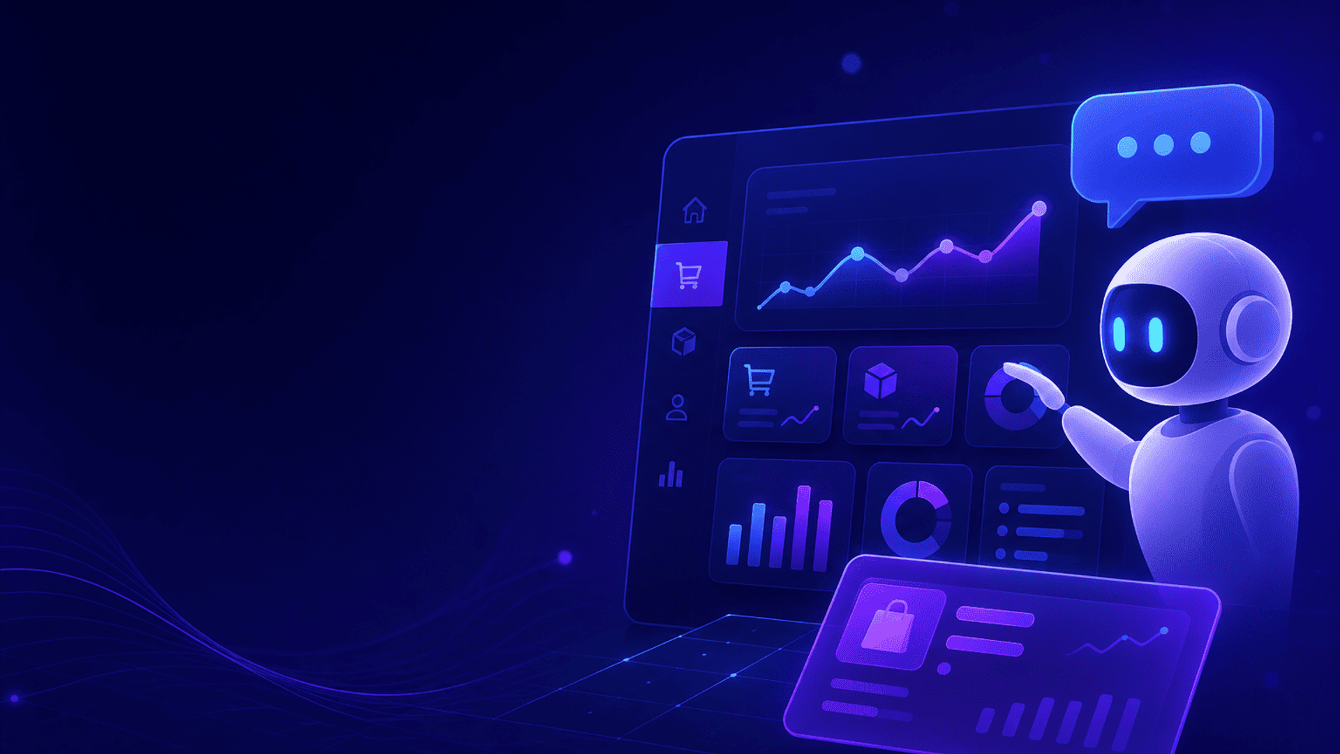 Asistente de IA interactuando con un dashboard de e-commerce con gráficos y paneles de datos abstractos.