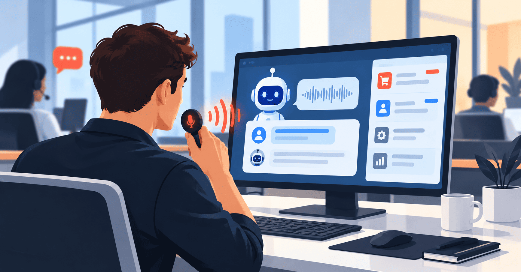 Agente de atención al cliente utiliza un asistente de voz con IA en una oficina moderna.