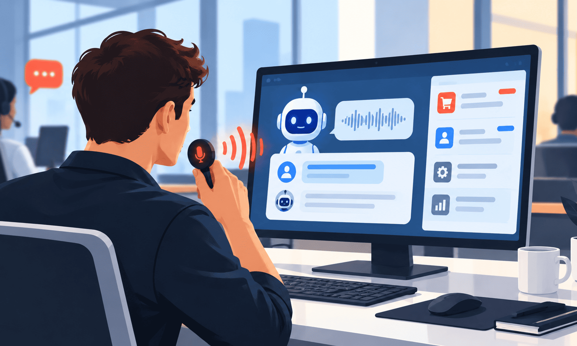 Agente de atención al cliente utiliza un asistente de voz con IA en una oficina moderna.