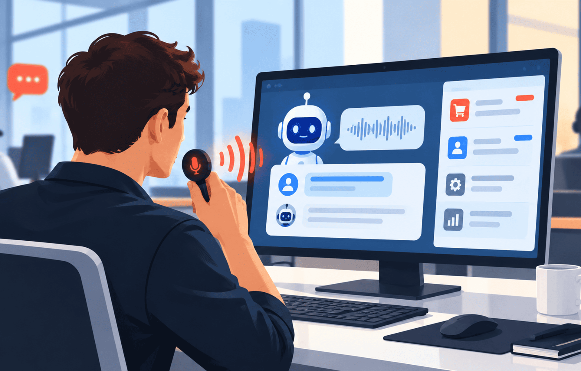 Agente de atención al cliente utiliza un asistente de voz con IA en una oficina moderna.