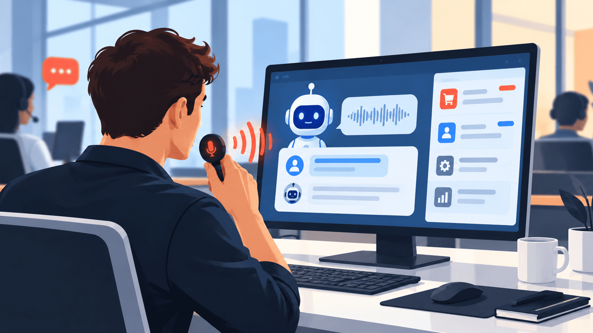 Agente de atención al cliente utiliza un asistente de voz con IA en una oficina moderna.