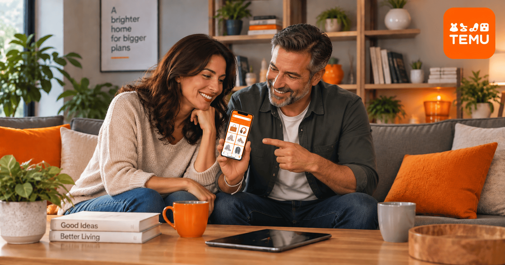 Pareja explorando productos de Temu desde un teléfono en una sala de estar.