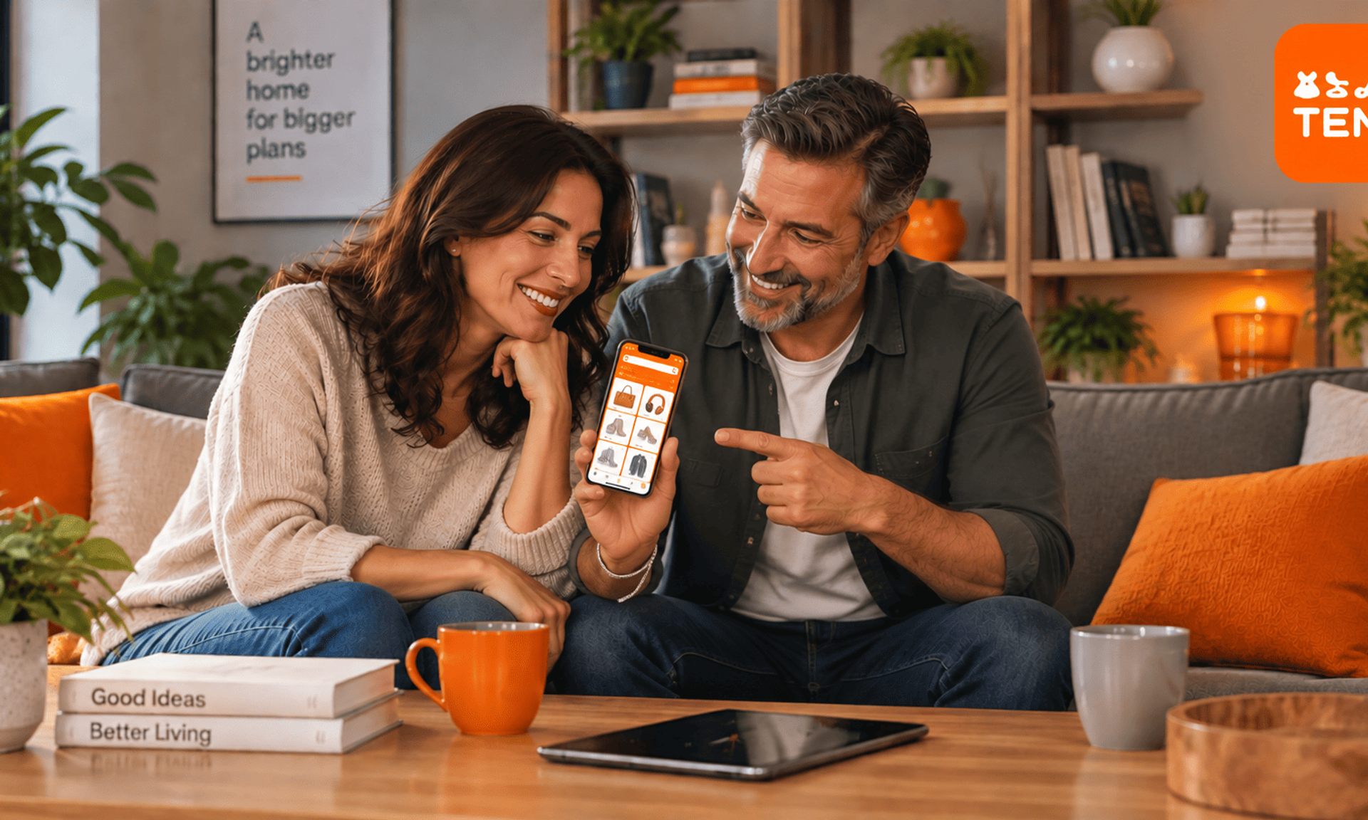 Pareja explorando productos de Temu desde un teléfono en una sala de estar.
