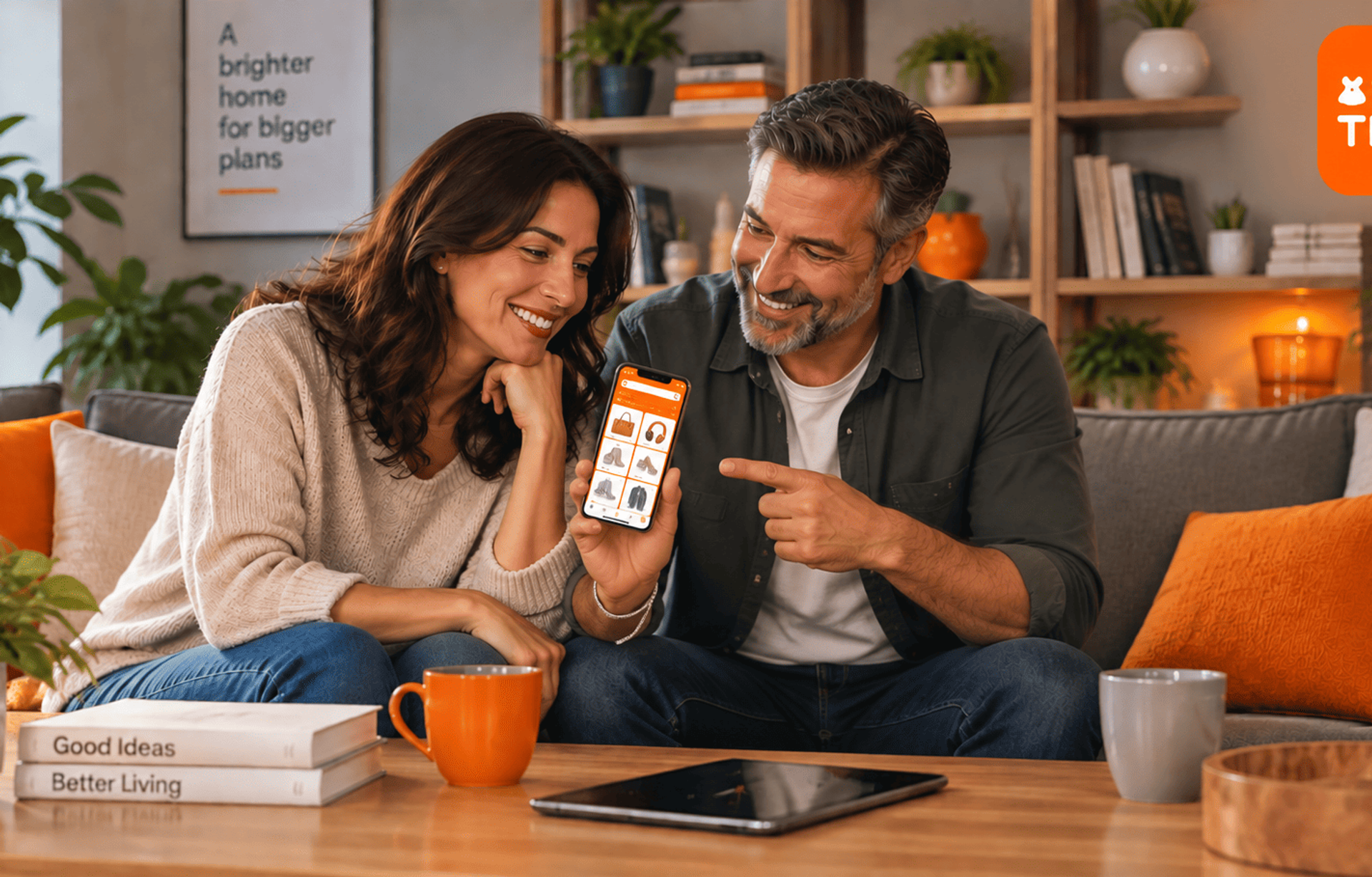 Pareja explorando productos de Temu desde un teléfono en una sala de estar.