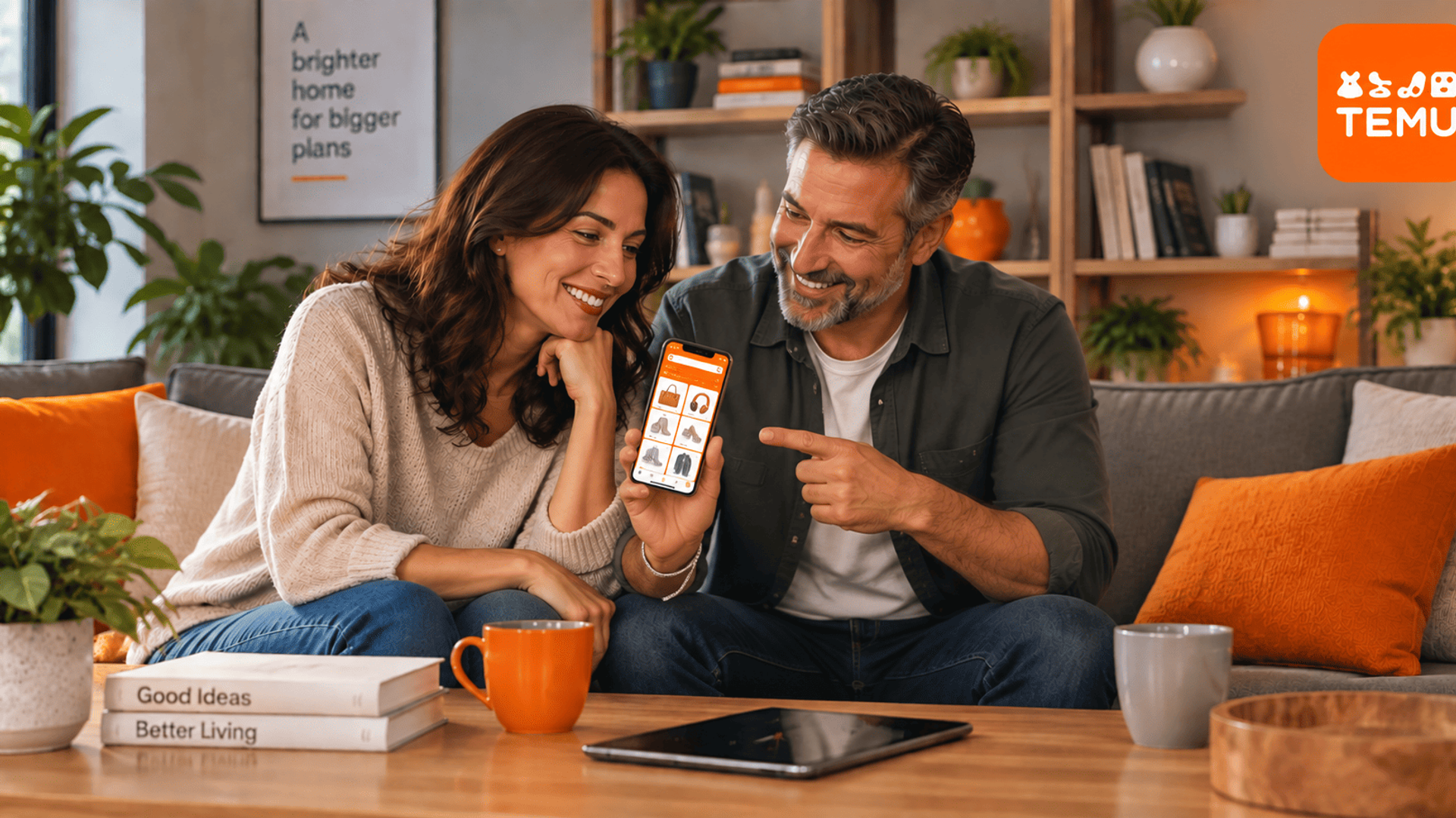 Pareja explorando productos de Temu desde un teléfono en una sala de estar.