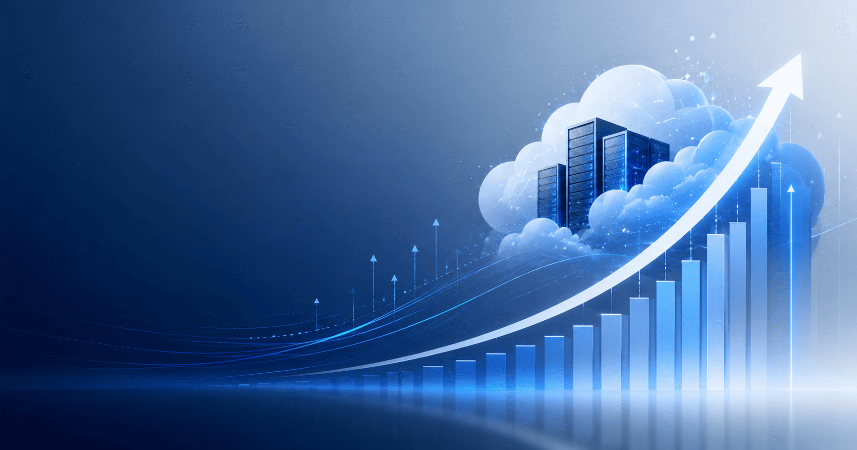Ilustración de crecimiento financiero impulsado por computación en la nube con gráficos ascendentes y servidores abstractos.