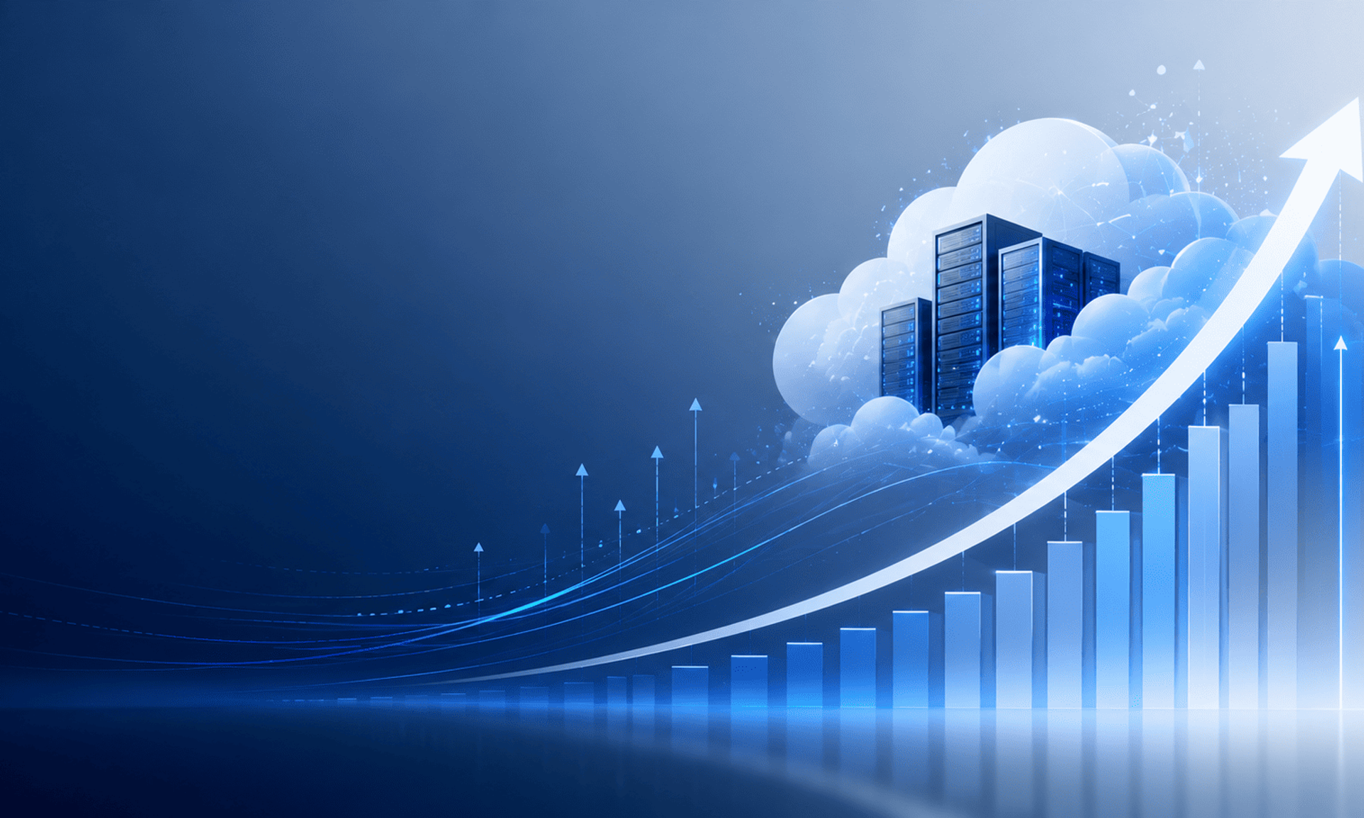 Ilustración de crecimiento financiero impulsado por computación en la nube con gráficos ascendentes y servidores abstractos.