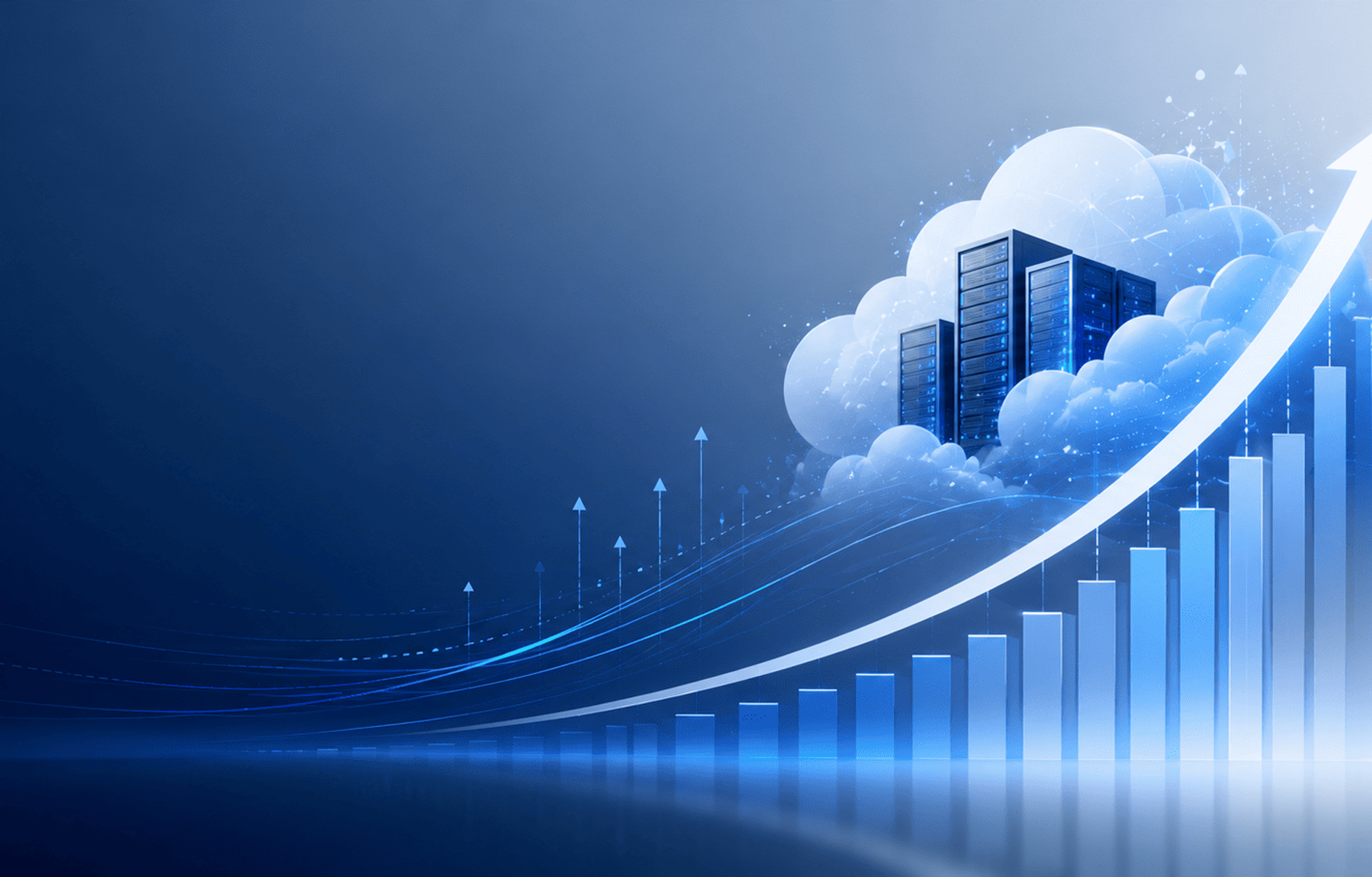 Ilustración de crecimiento financiero impulsado por computación en la nube con gráficos ascendentes y servidores abstractos.