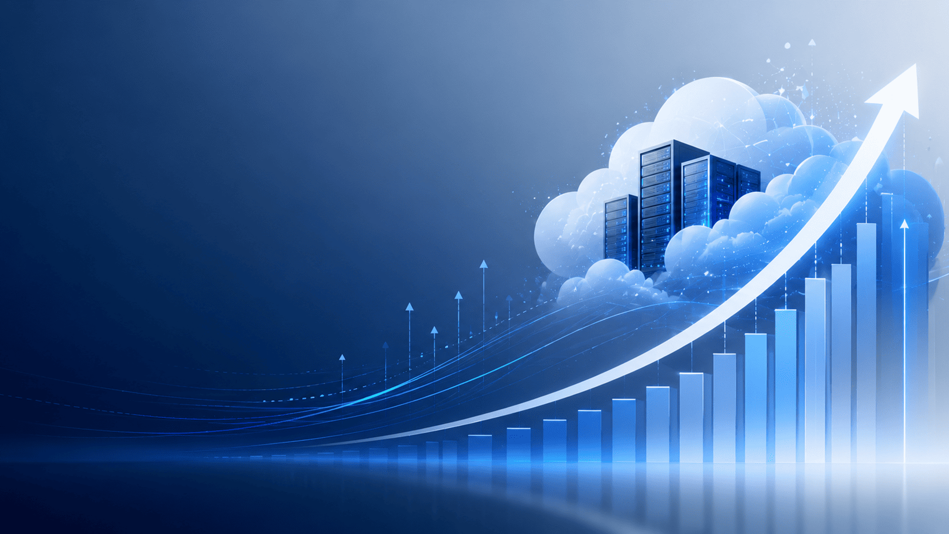 Ilustración de crecimiento financiero impulsado por computación en la nube con gráficos ascendentes y servidores abstractos.