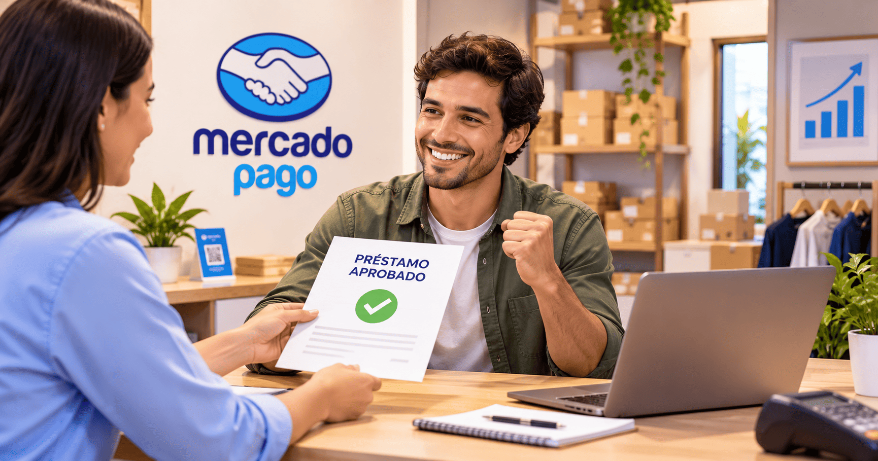 Emprendedor brasileño recibe la aprobación de un préstamo para impulsar su pequeño negocio.