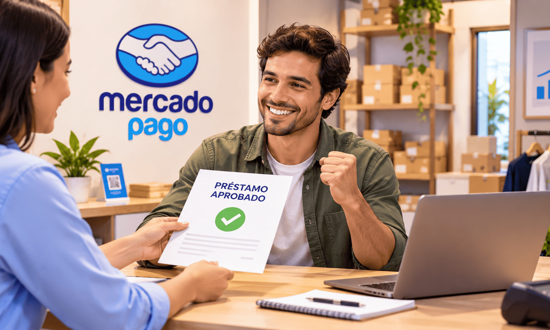 Emprendedor brasileño recibe la aprobación de un préstamo para impulsar su pequeño negocio.