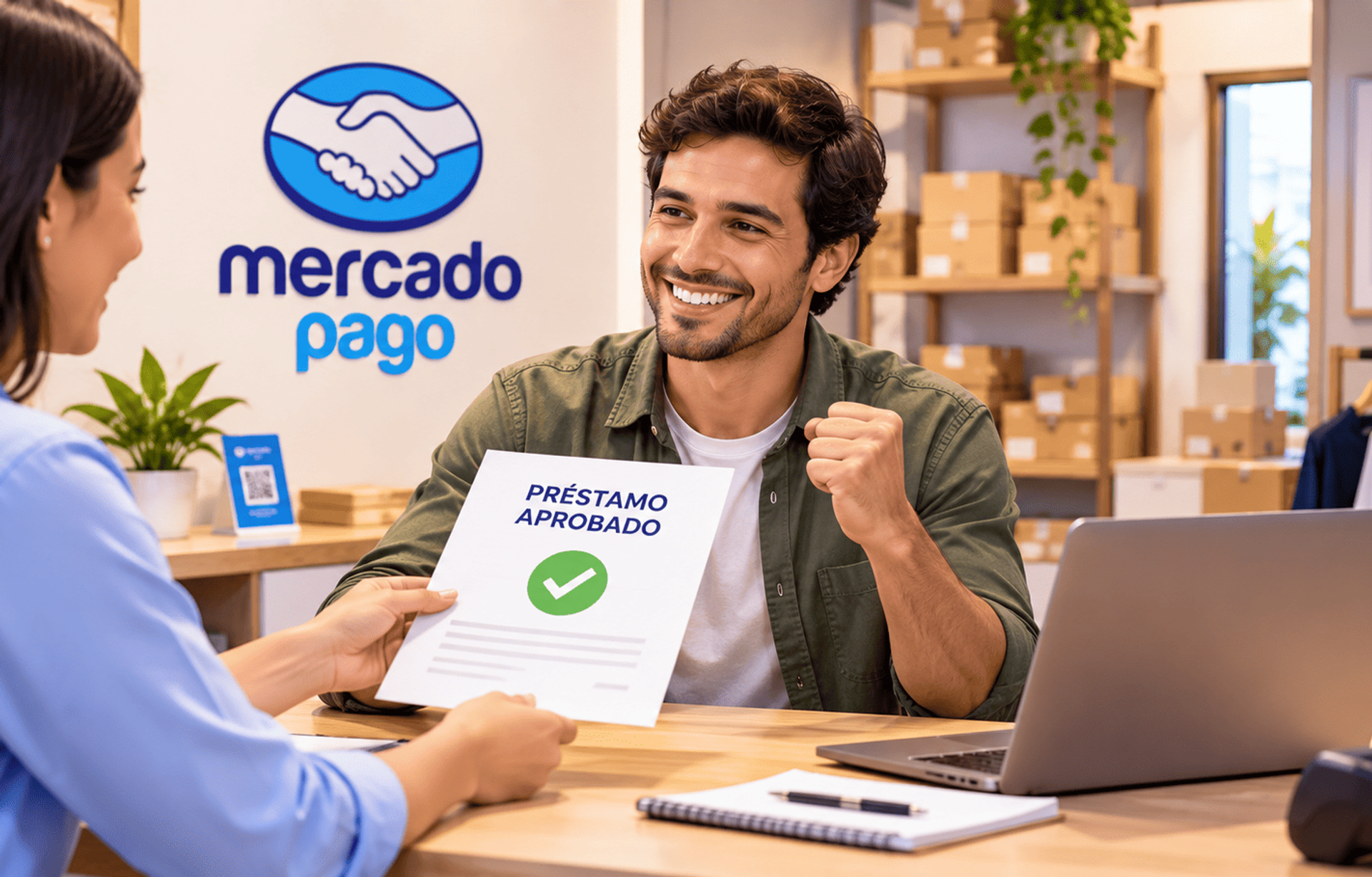 Emprendedor brasileño recibe la aprobación de un préstamo para impulsar su pequeño negocio.