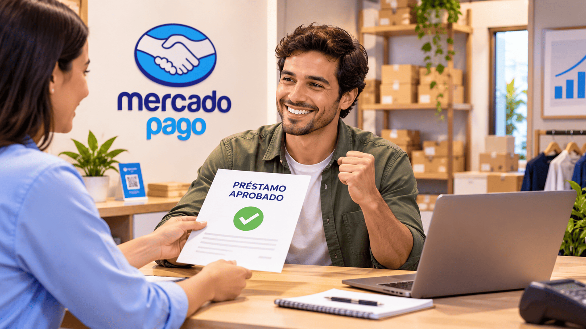 Emprendedor brasileño recibe la aprobación de un préstamo para impulsar su pequeño negocio.
