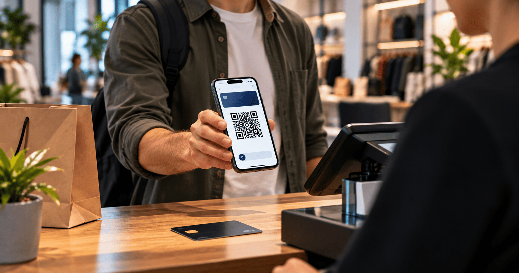 Pago con código QR desde un smartphone junto a una tarjeta en un comercio moderno.
