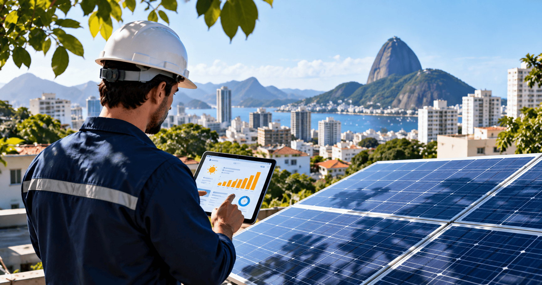 Técnico inspeccionando paneles solares en un entorno urbano de Brasil.