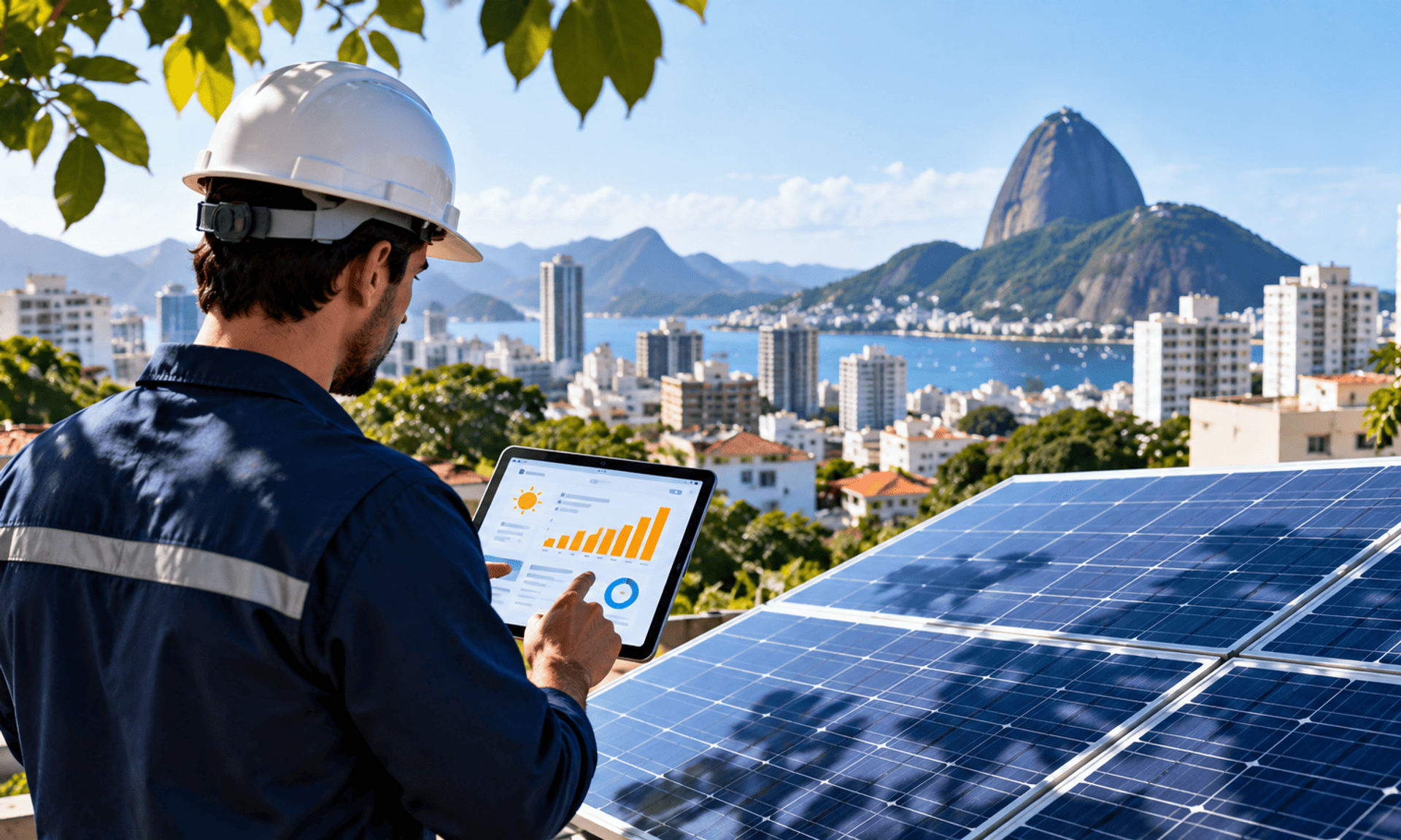 Técnico inspeccionando paneles solares en un entorno urbano de Brasil.