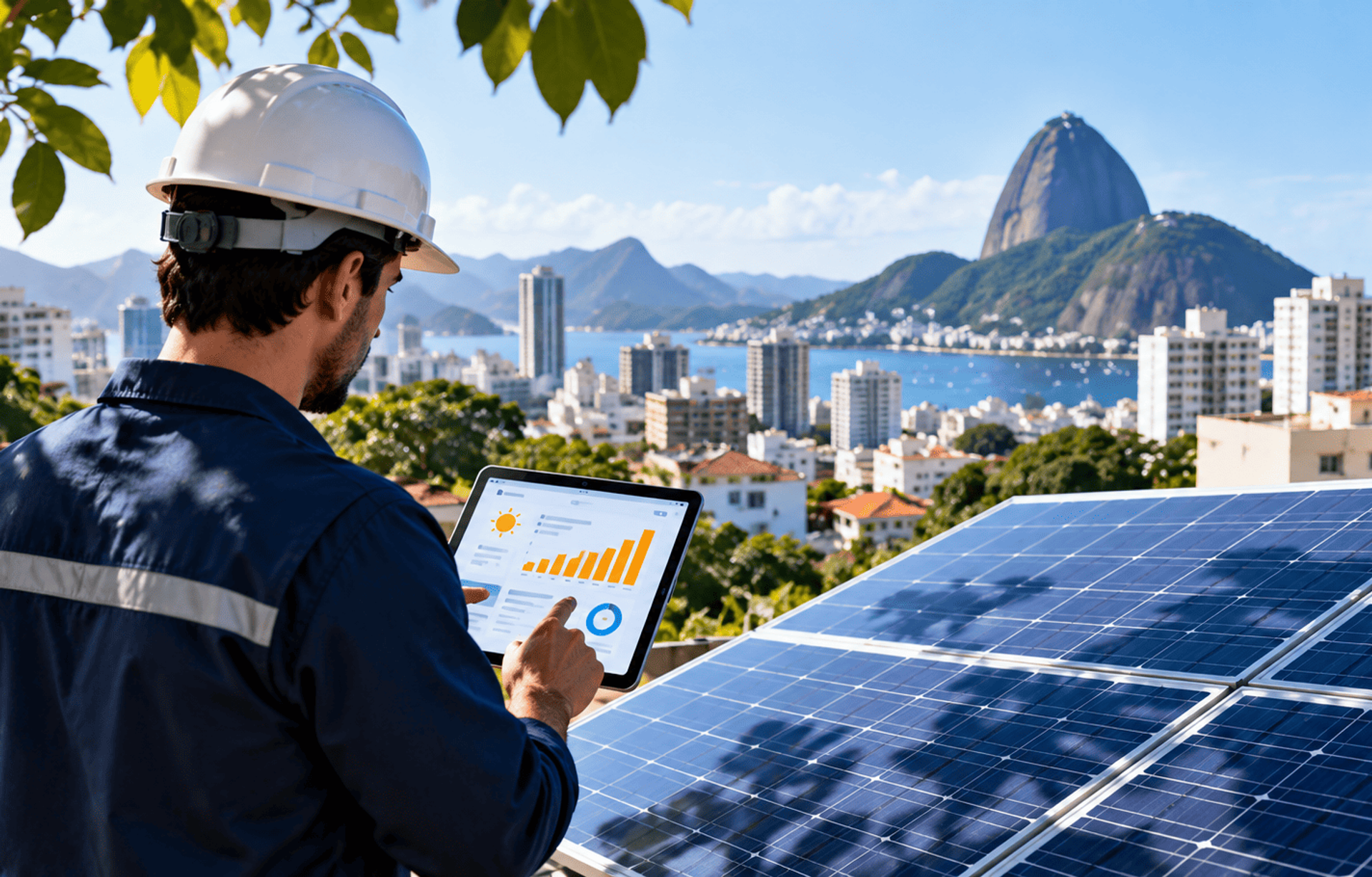 Técnico inspeccionando paneles solares en un entorno urbano de Brasil.