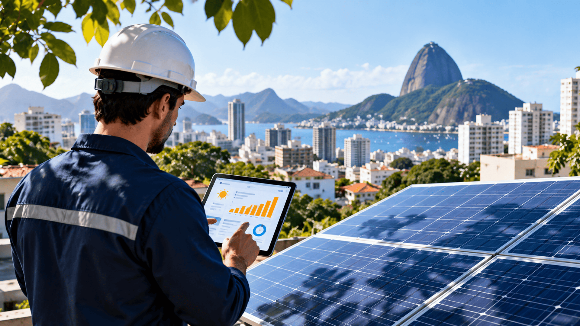 Técnico inspeccionando paneles solares en un entorno urbano de Brasil.
