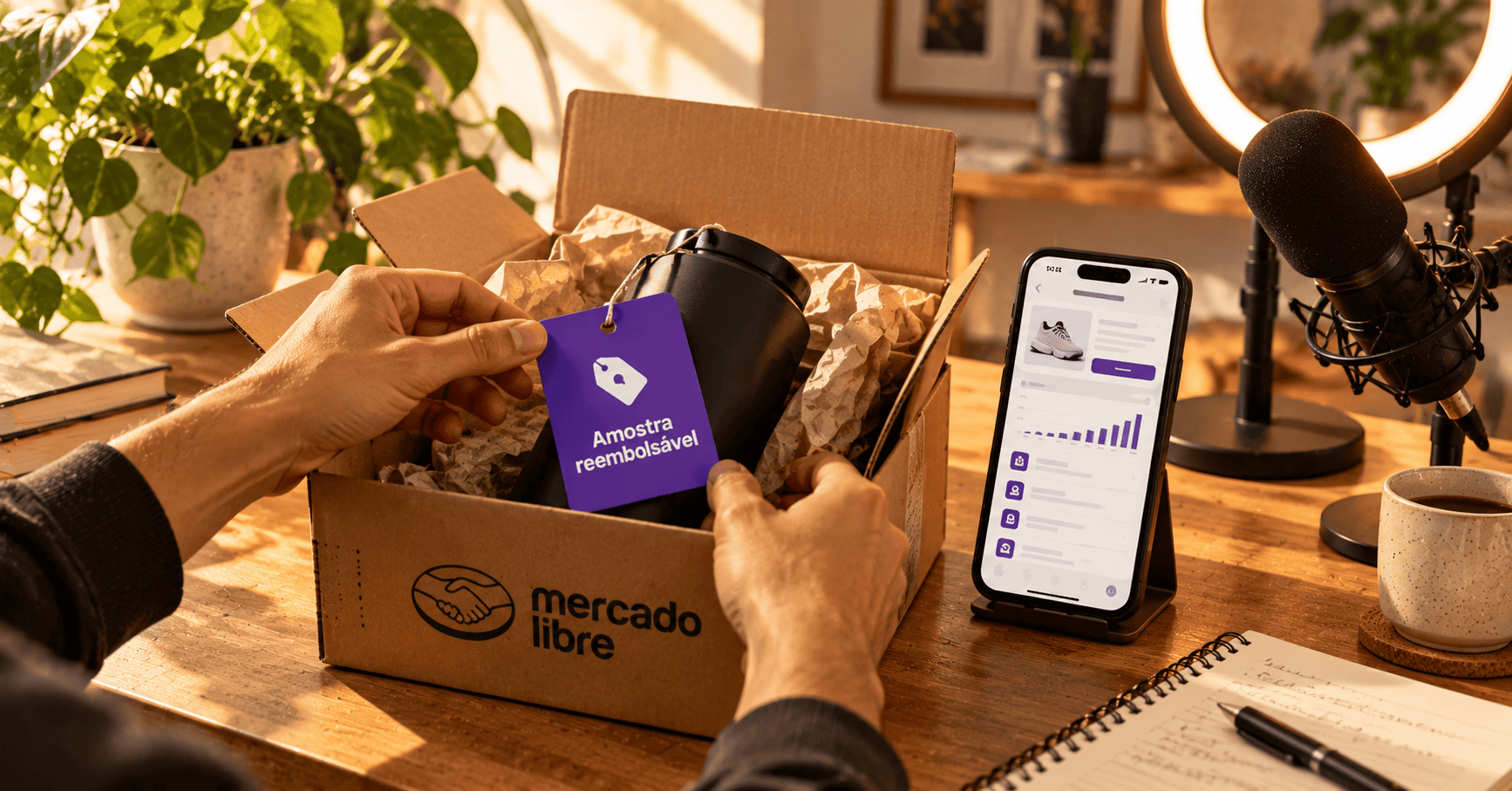 Unboxing de una muestra reembolsable de Mercado Libre junto a herramientas para crear contenido digital.