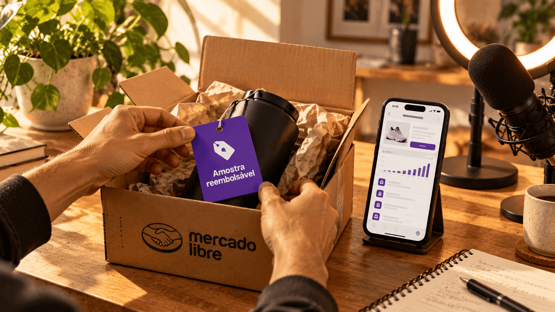 Unboxing de una muestra reembolsable de Mercado Libre junto a herramientas para crear contenido digital.