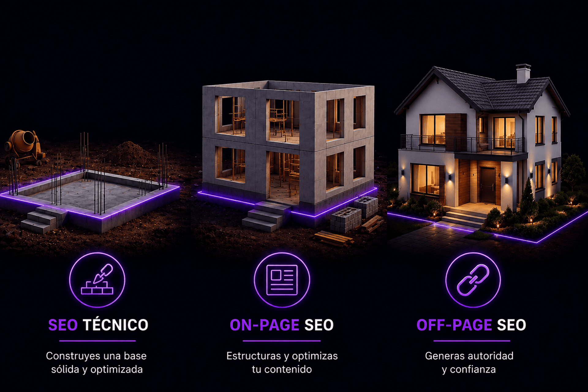 Tres tipos de SEO representados como las etapas de construcción de una casa.
