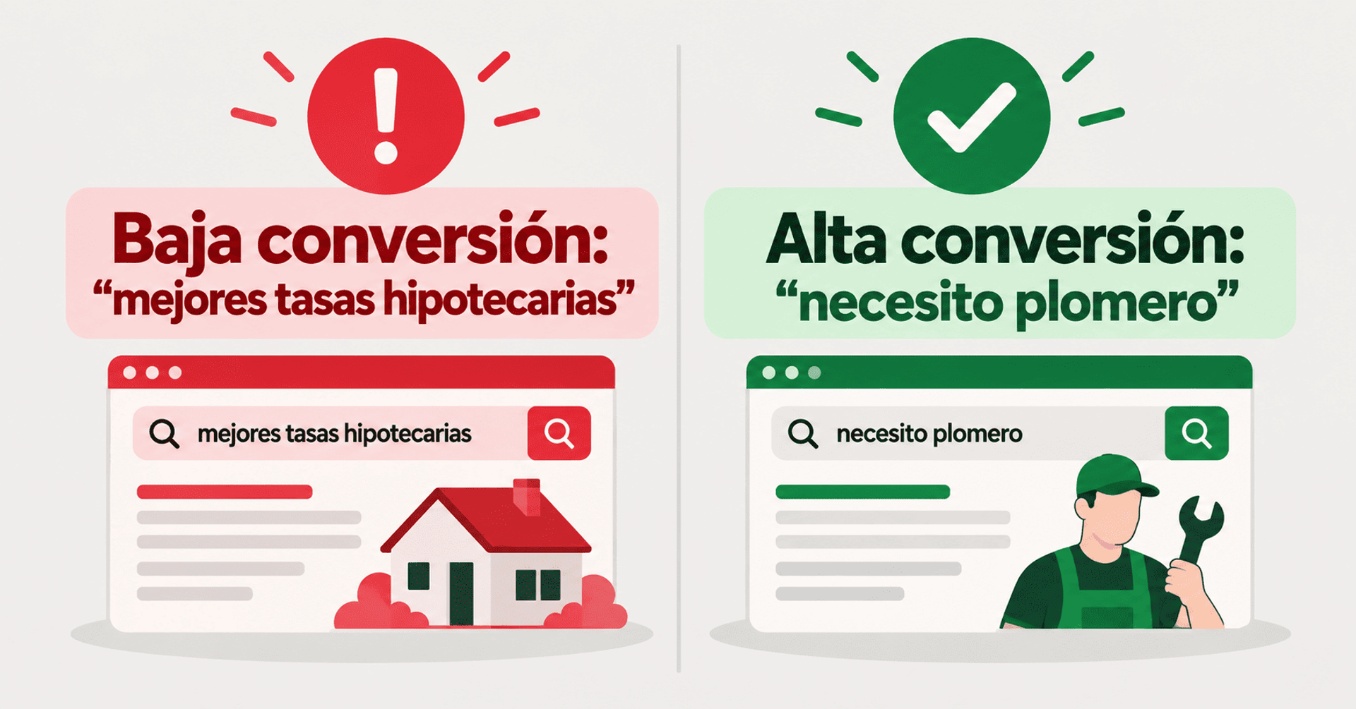 Comparación entre búsquedas de baja conversión sobre hipotecas y alta conversión para contratar un plomero.