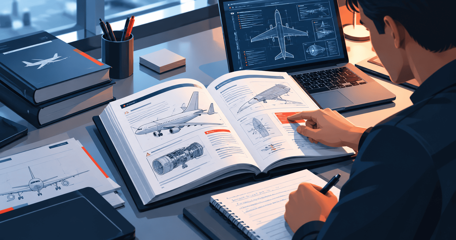 Revisión de manuales y diagramas técnicos de aviación en un espacio de trabajo.
