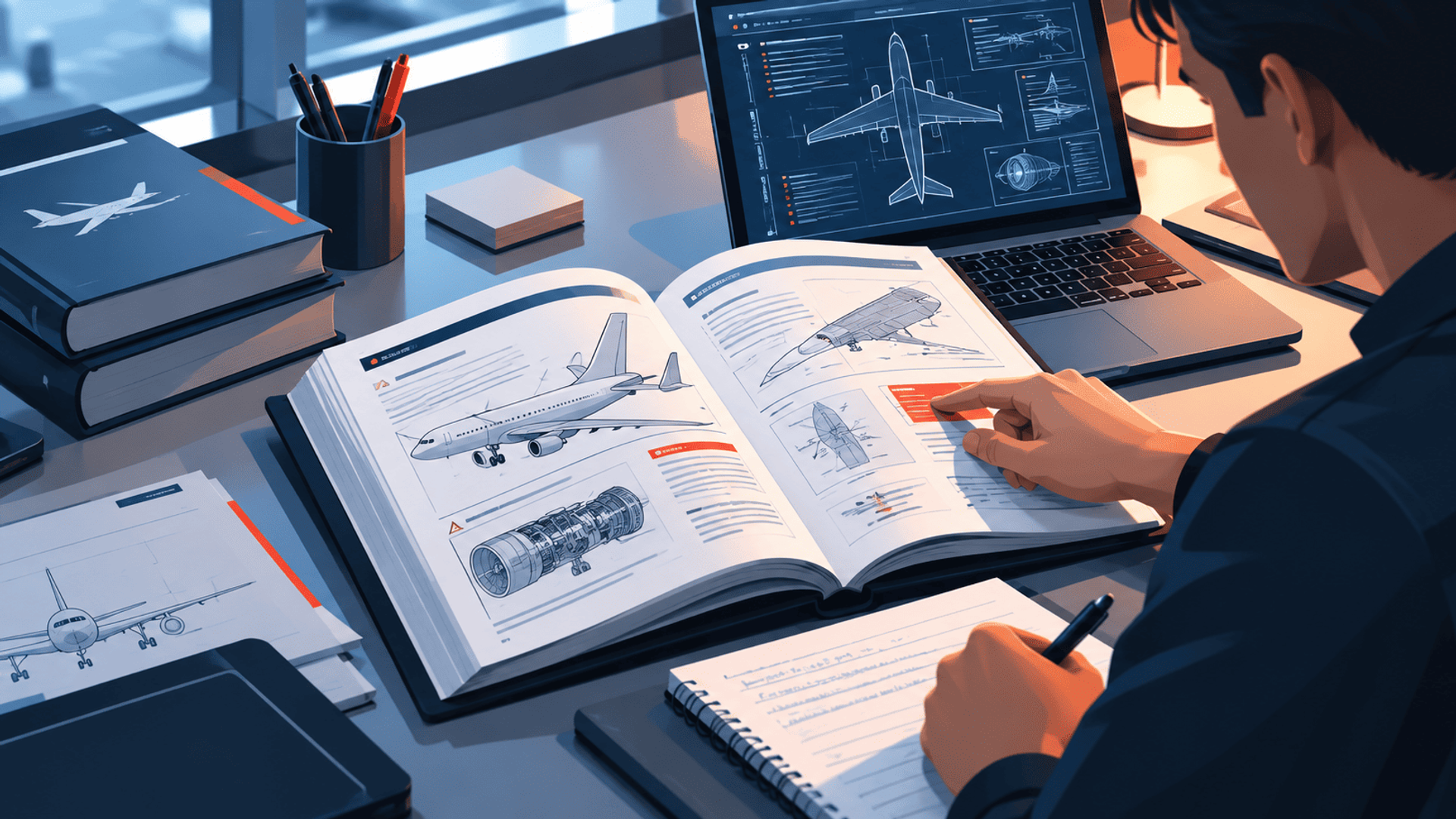 Revisión de manuales y diagramas técnicos de aviación en un espacio de trabajo.