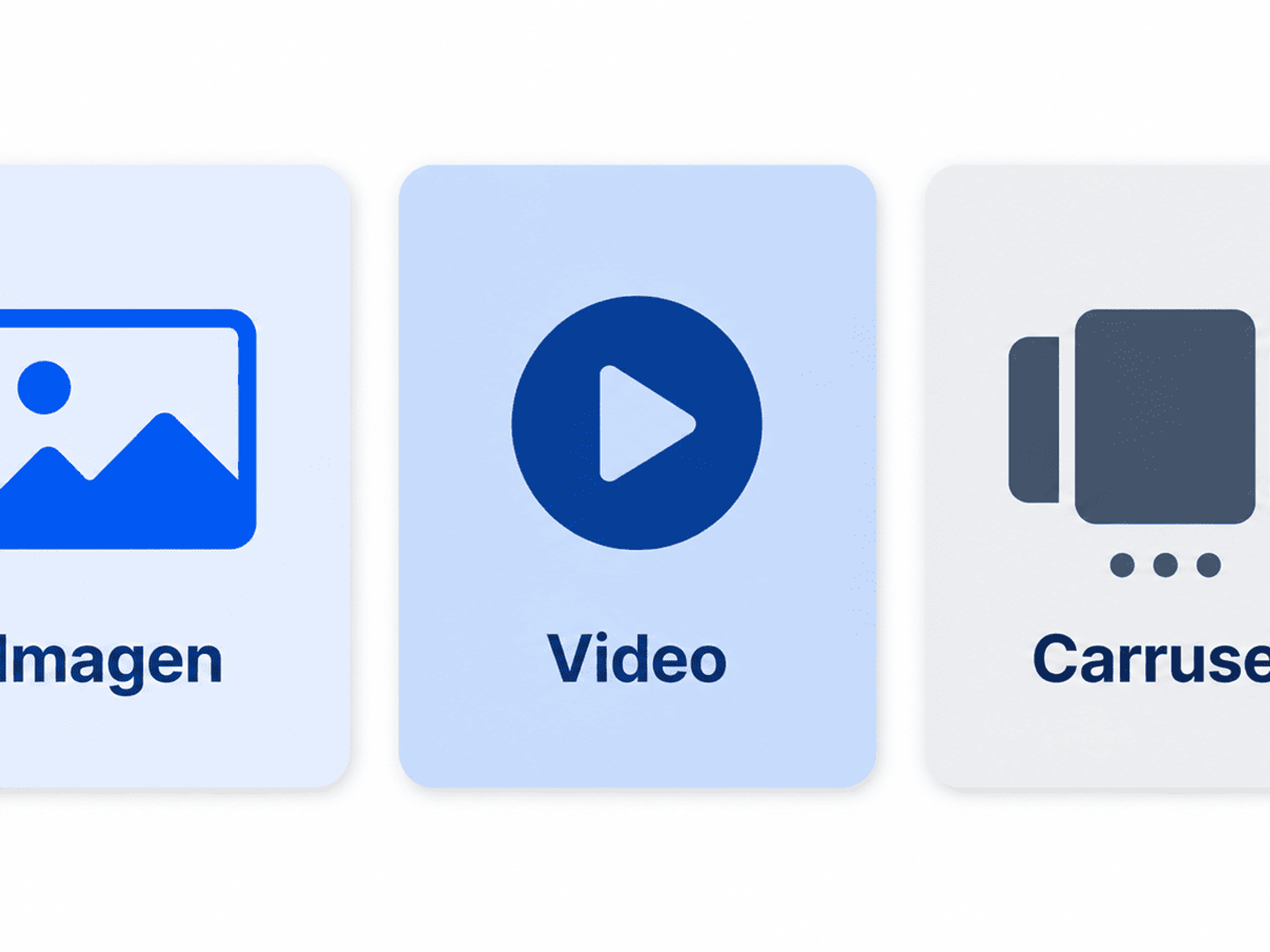 Tres tarjetas que representan los formatos de creativos en Facebook Ads: imagen video y carrusel