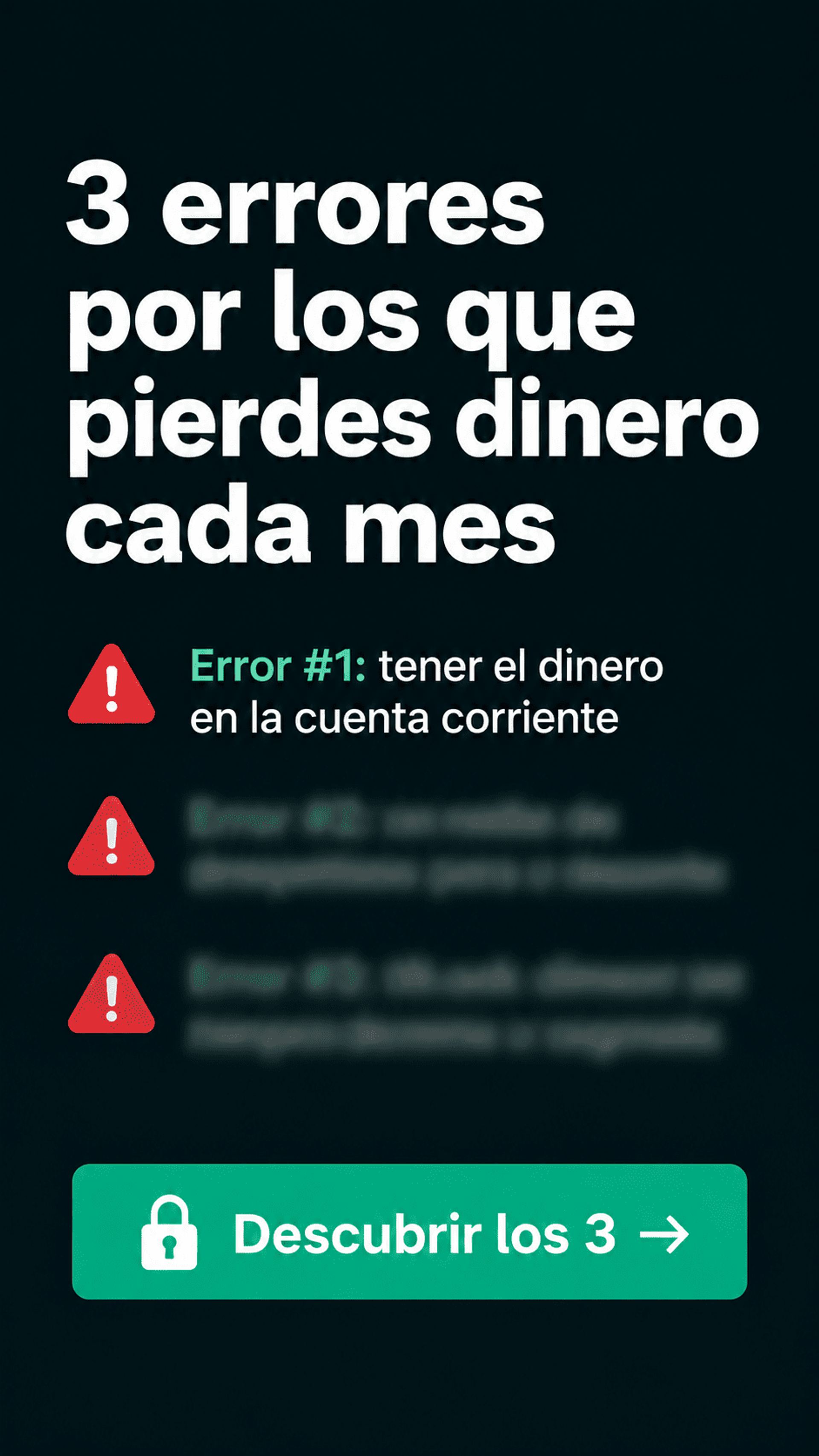Banner vertical verde oscuro con un listado de tres errores financieros