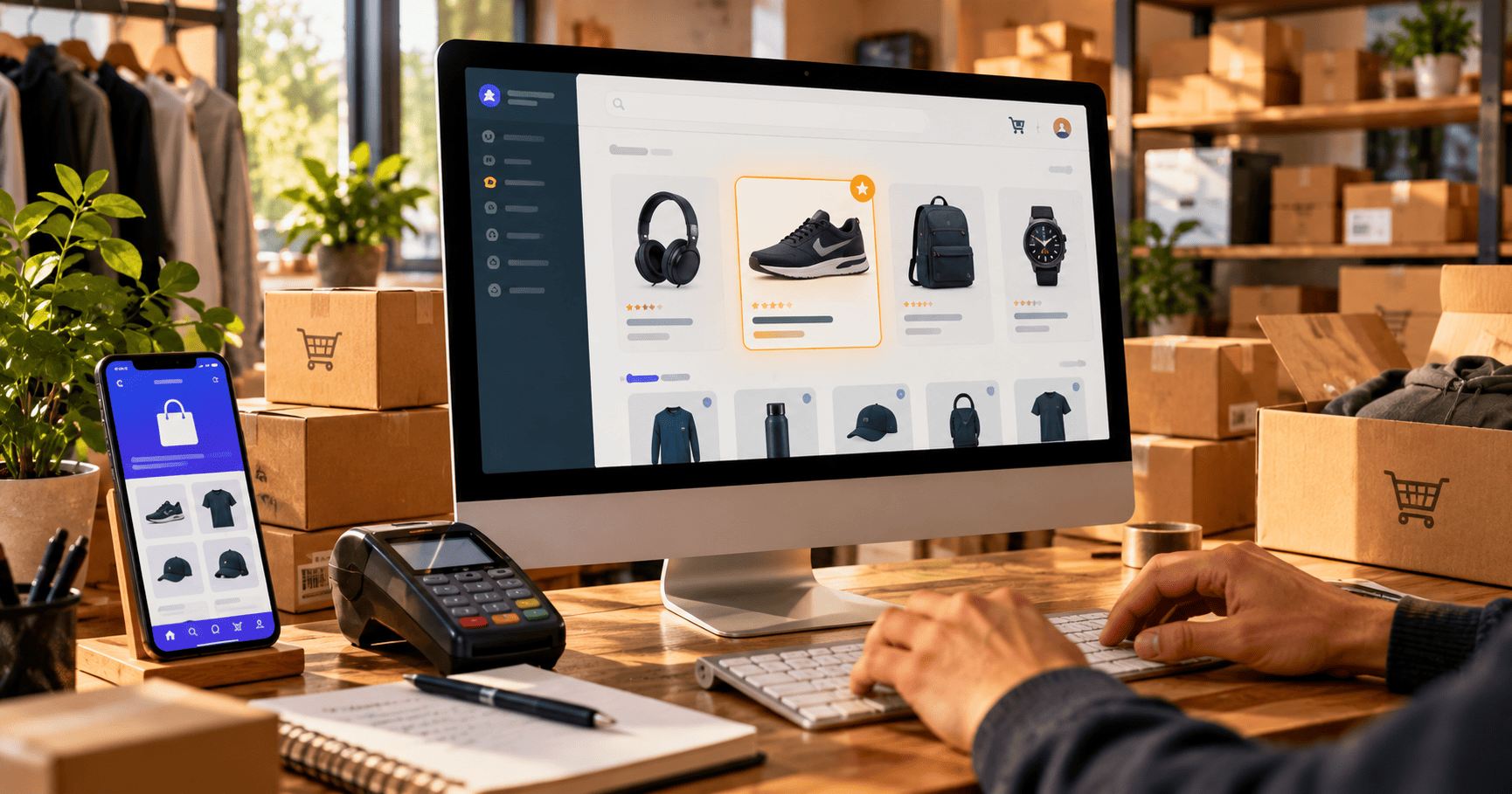 Análisis de recomendaciones de productos en una tienda online con smartphone, terminal de pago y paquetes.