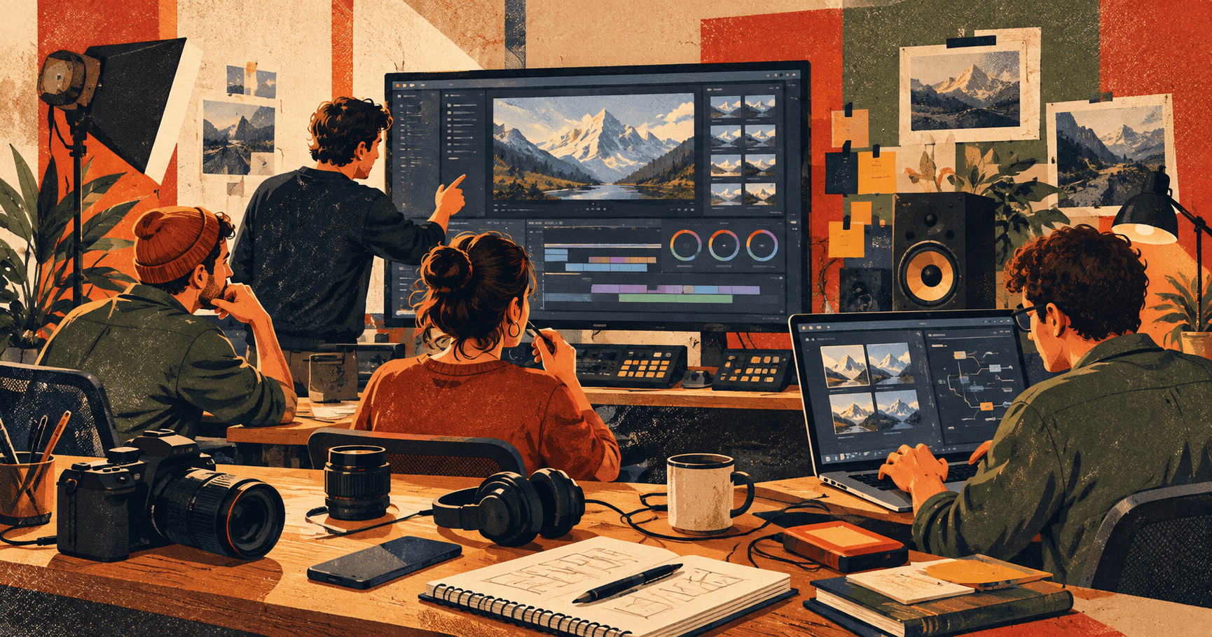 Equipo creativo trabajando en postproducción con edición audiovisual y herramientas de IA.