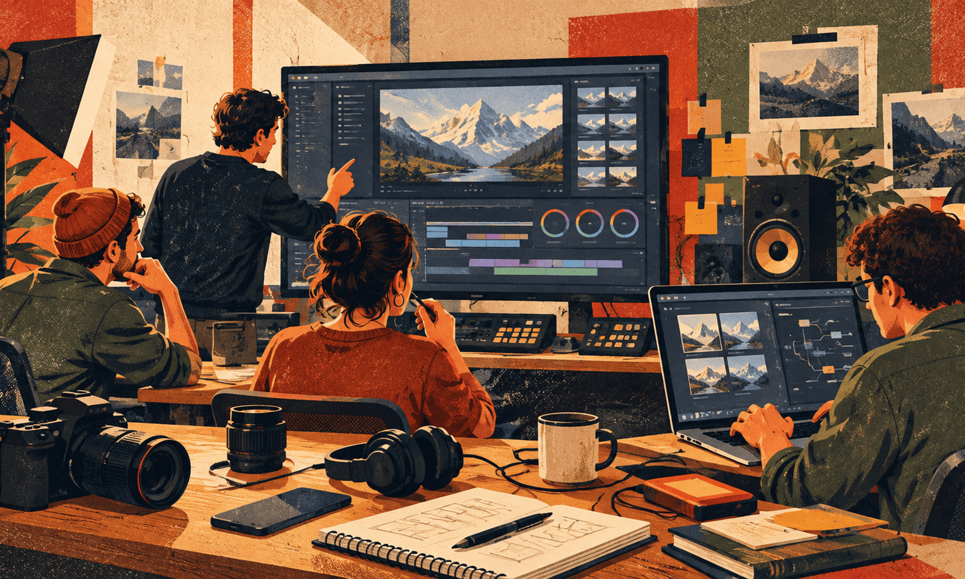 Equipo creativo trabajando en postproducción con edición audiovisual y herramientas de IA.
