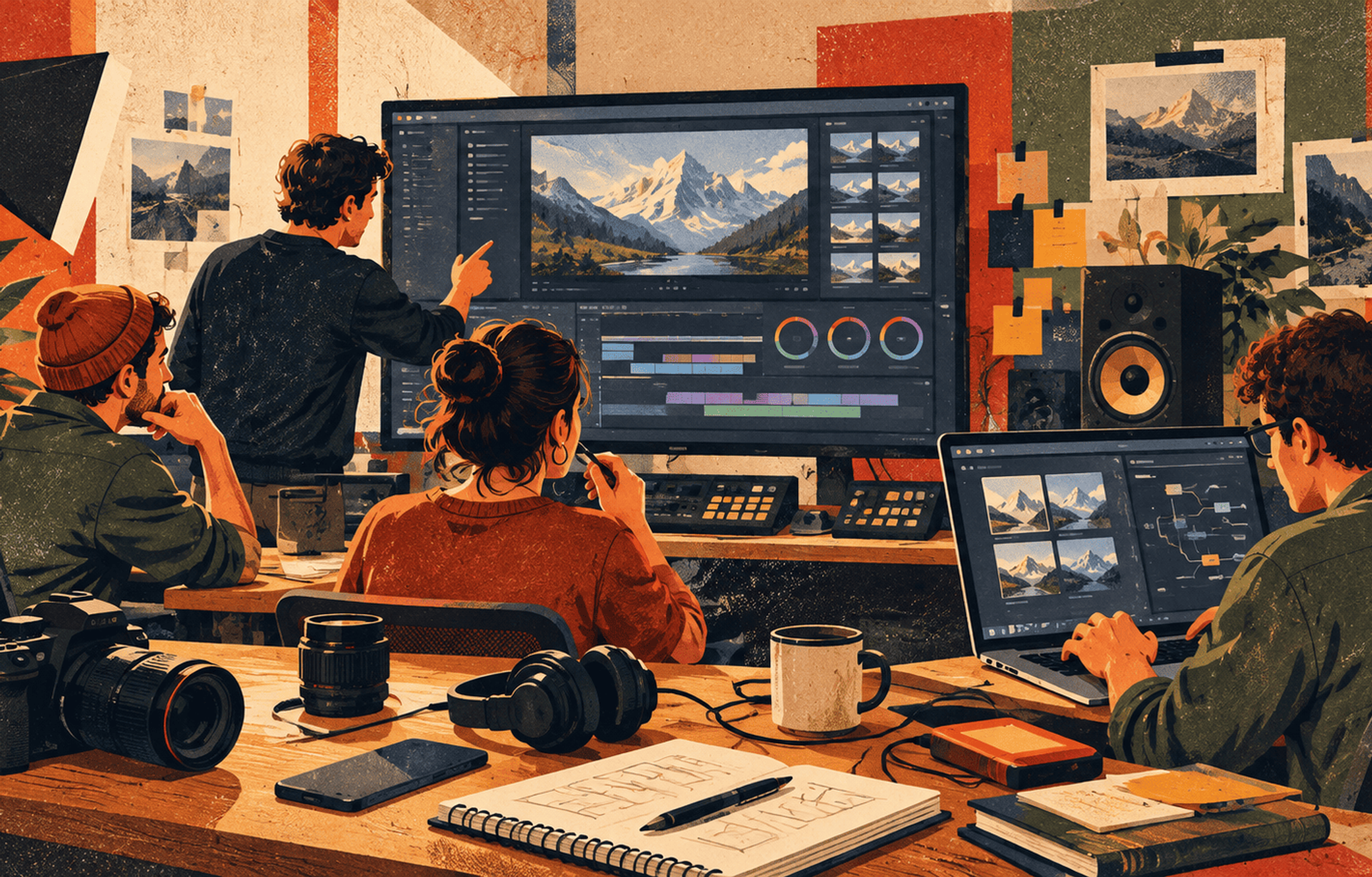Equipo creativo trabajando en postproducción con edición audiovisual y herramientas de IA.