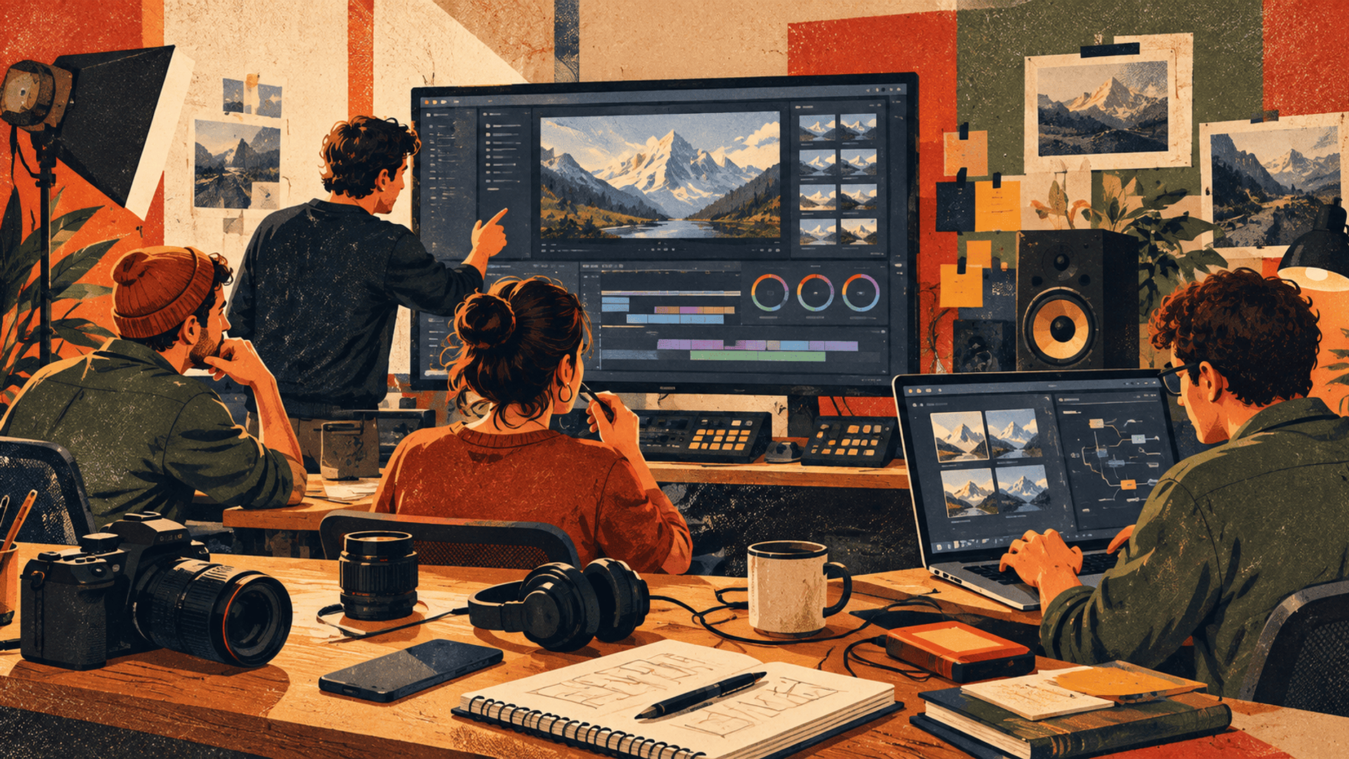 Equipo creativo trabajando en postproducción con edición audiovisual y herramientas de IA.
