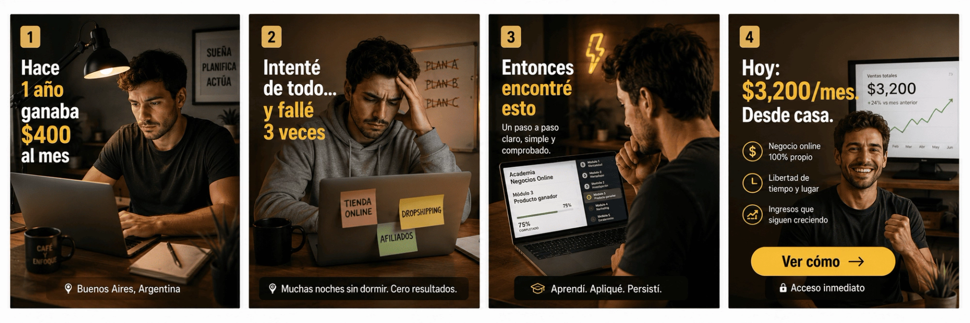 Diseño de carrusel publicitario de 4 pasos contando la historia de éxito de un emprendedor digital.