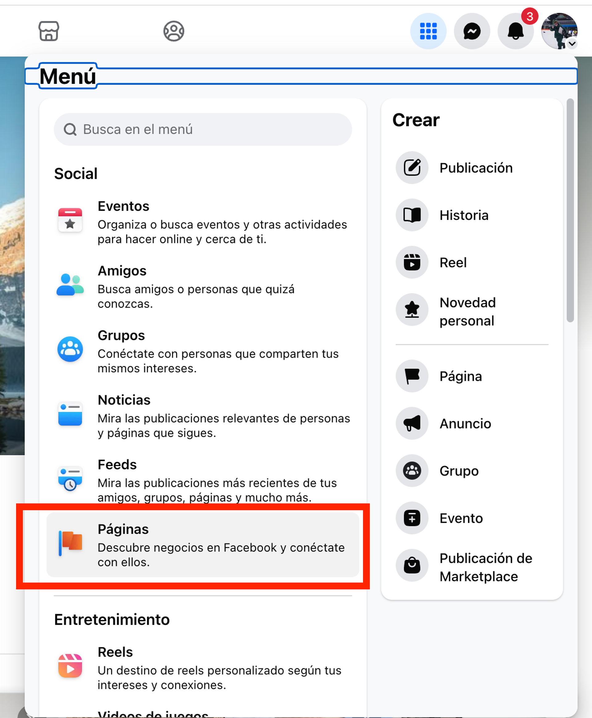 Menú de Facebook con la sección Social abierta y la opción «Páginas» resaltada en rojo, primer paso para crear una página de negocio.