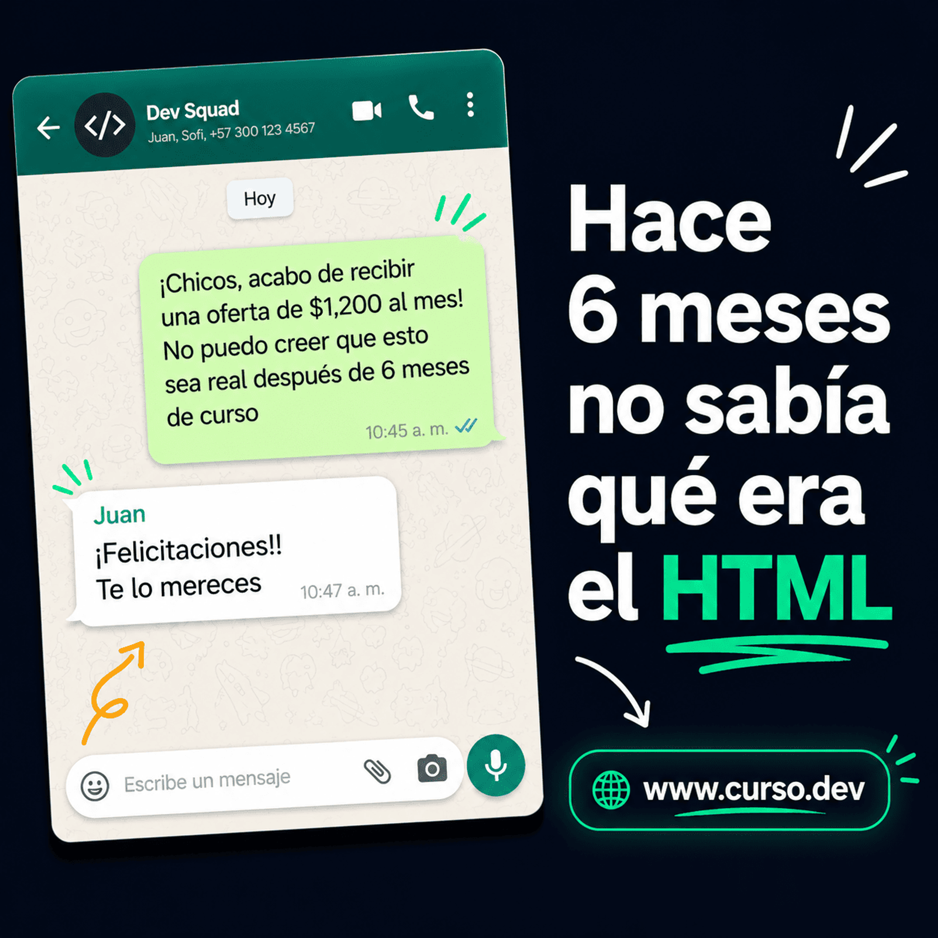 Captura de pantalla de un chat de WhatsApp mostrando a un estudiante celebrando una oferta
