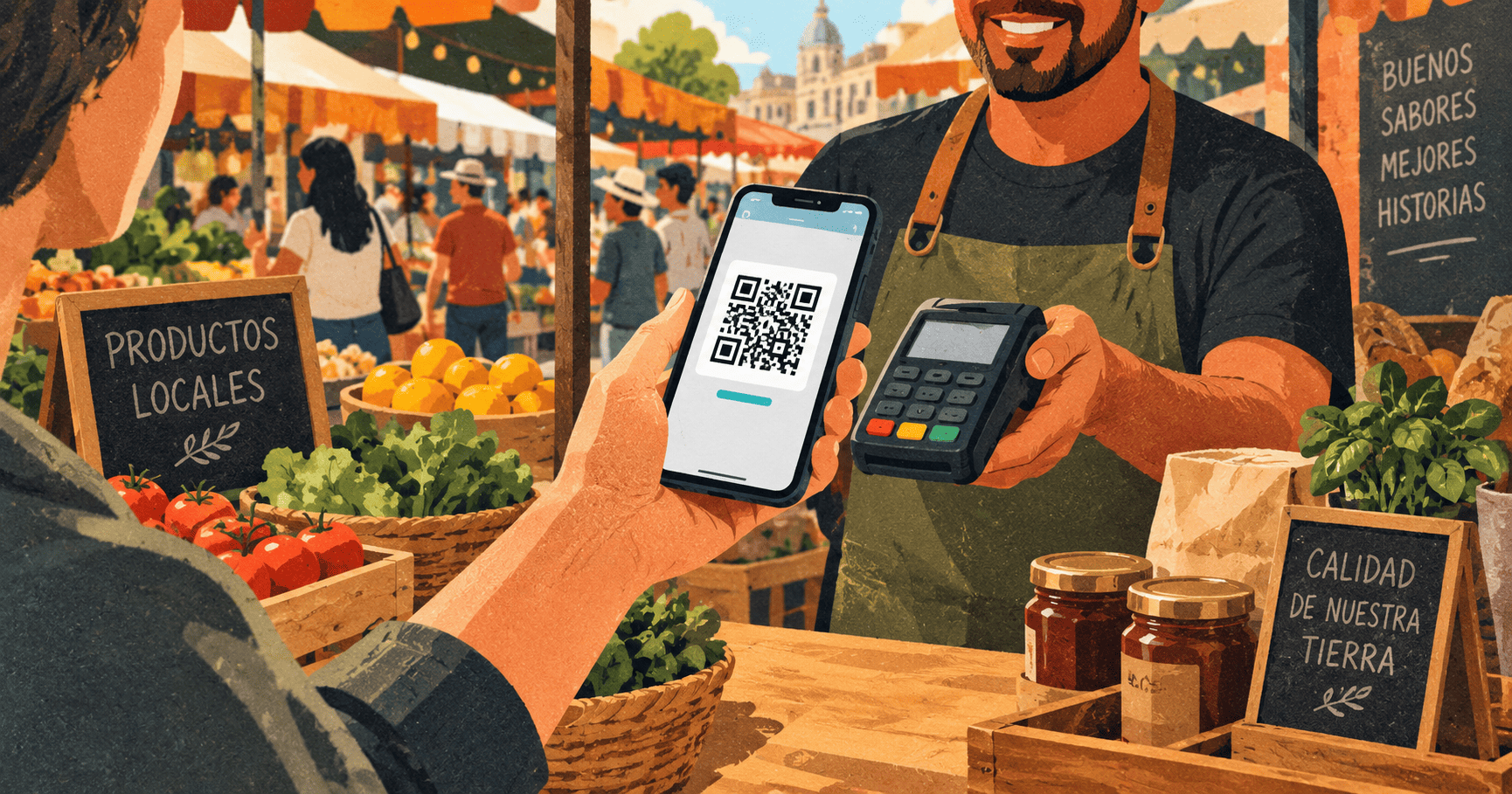 Pago instantáneo con código QR en un mercado latinoamericano.