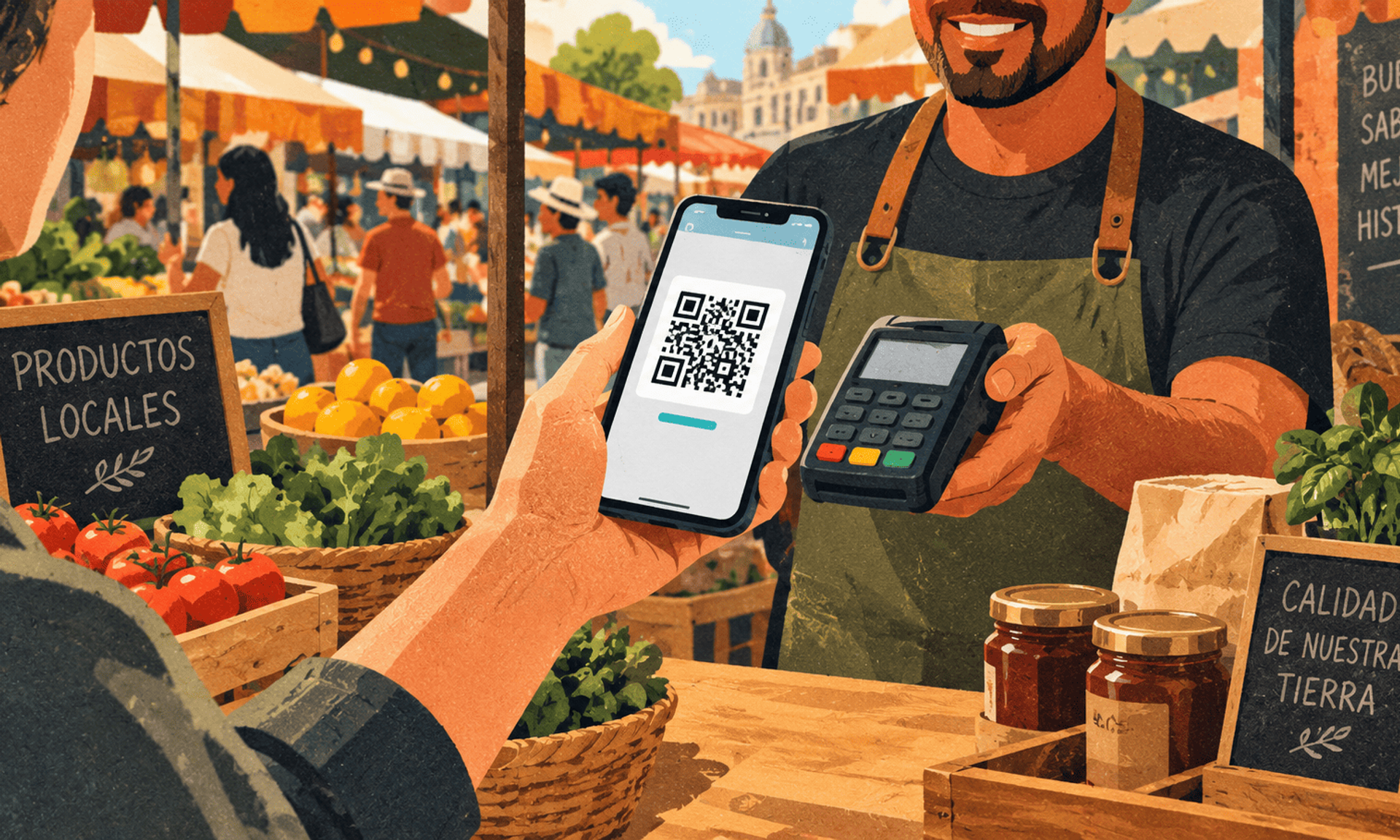 Pago instantáneo con código QR en un mercado latinoamericano.