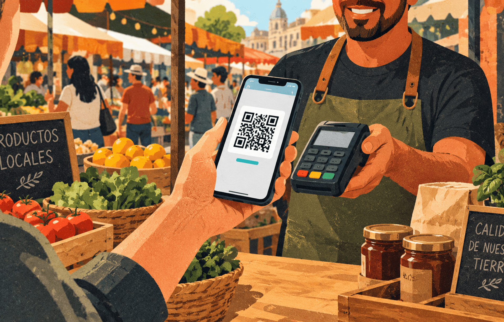 Pago instantáneo con código QR en un mercado latinoamericano.