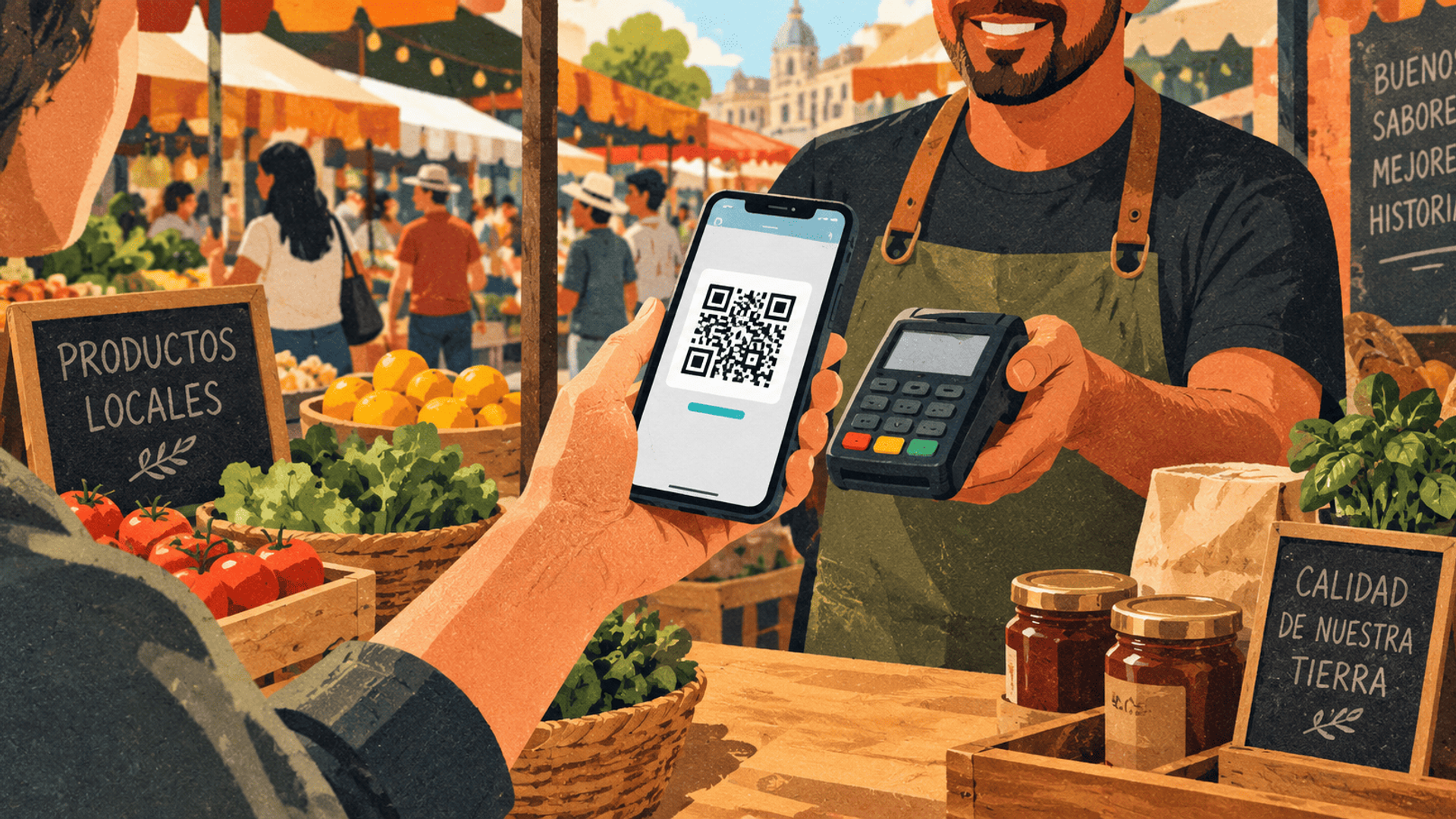 Pago instantáneo con código QR en un mercado latinoamericano.