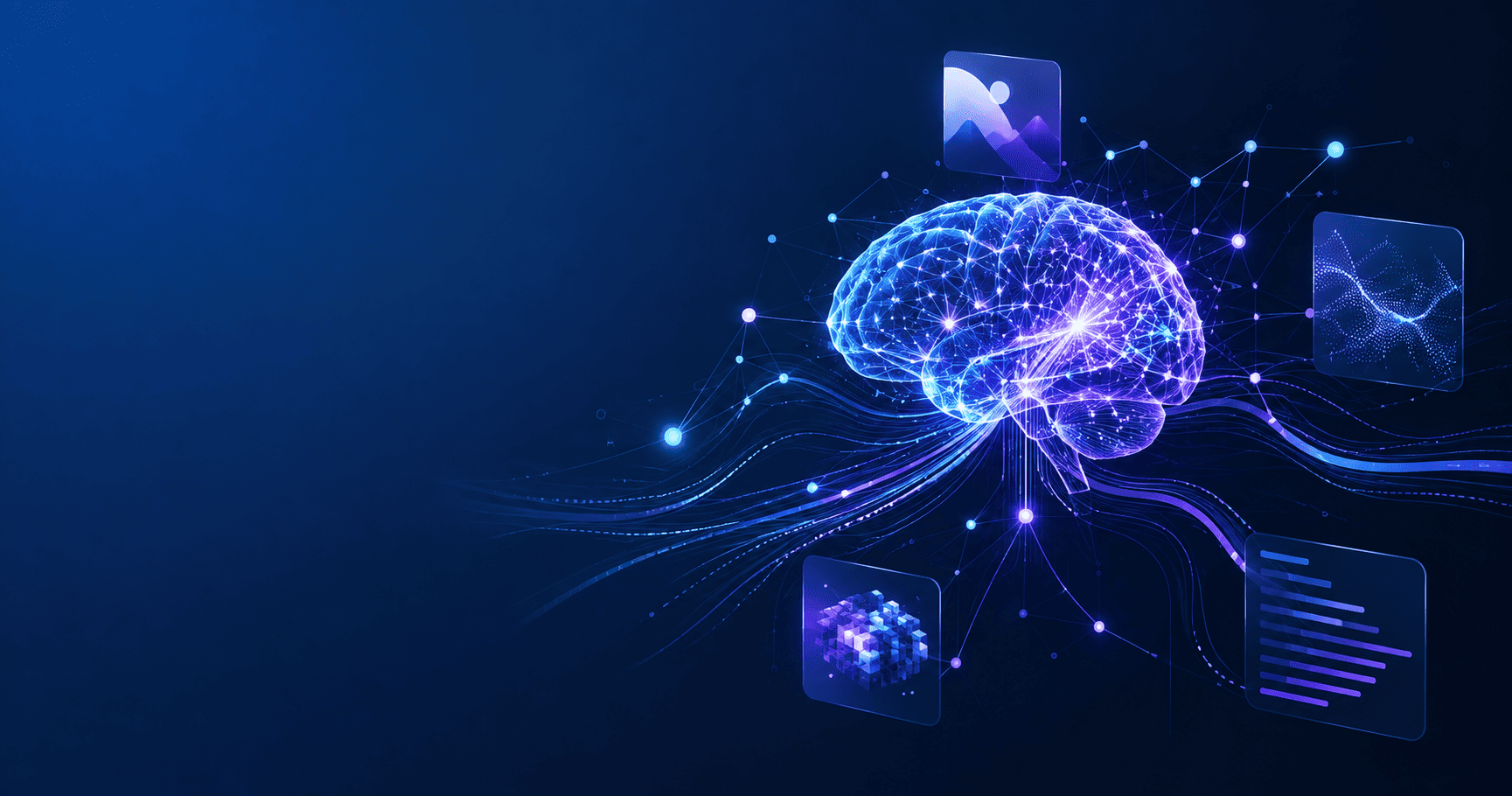 Ilustración de un cerebro de inteligencia artificial conectado a redes de datos, imágenes, código y texto mediante nodos digitales.