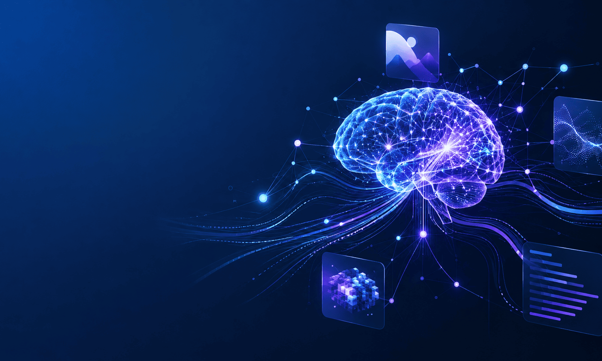 Ilustración de un cerebro de inteligencia artificial conectado a redes de datos, imágenes, código y texto mediante nodos digitales.